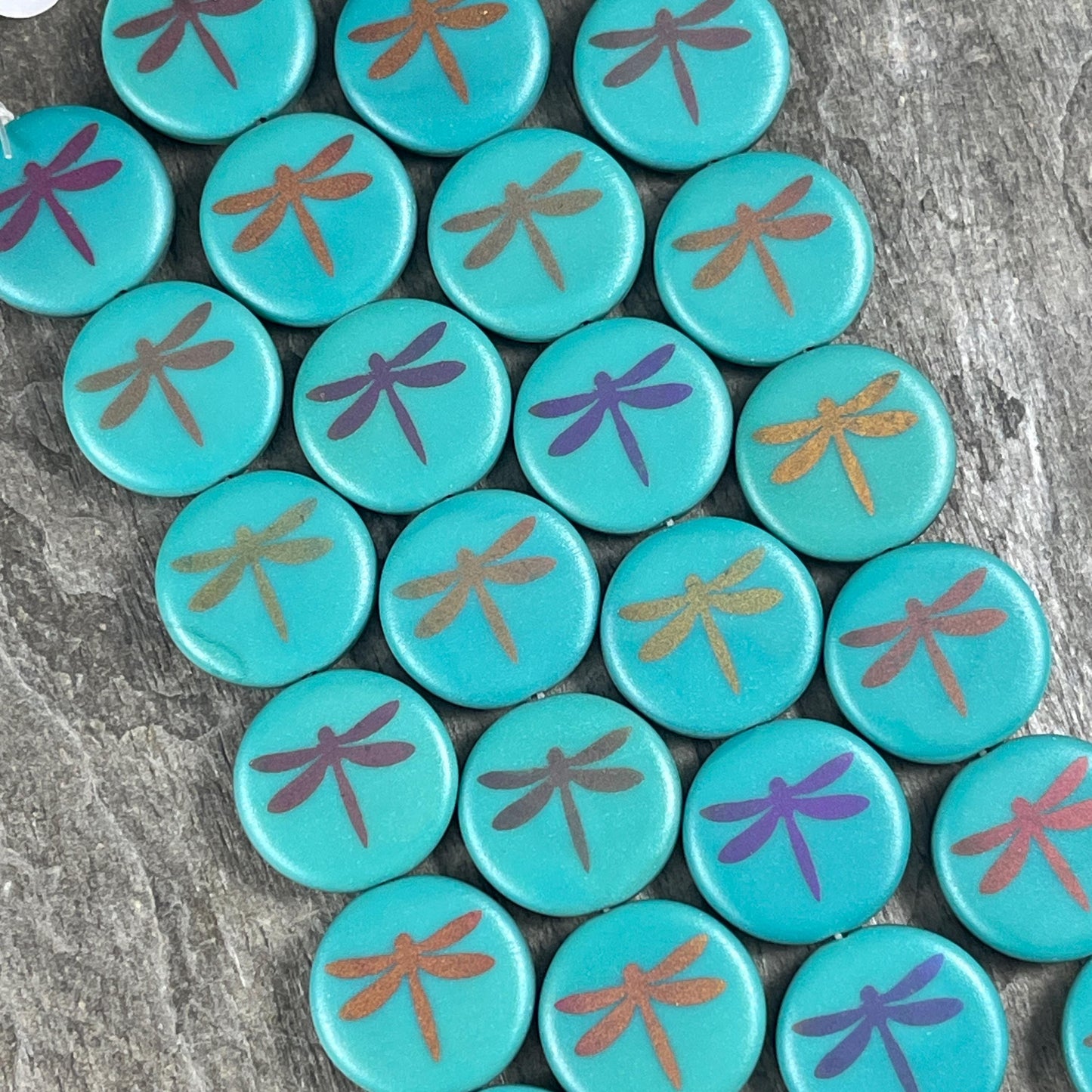Czech Glass - 17mm Coin Bead, Turquoise with Laser Etched Dragonfly (LTPG-D2) * 8 Beads
