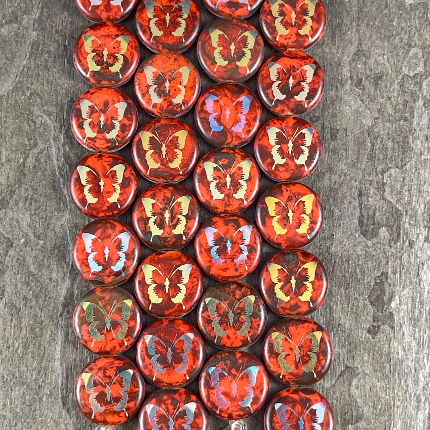 Czech Glass Butterfly Beads - 14mm Coin Bead, Orange Picasso Laser Etched (LTPG-502) * 8 Beads