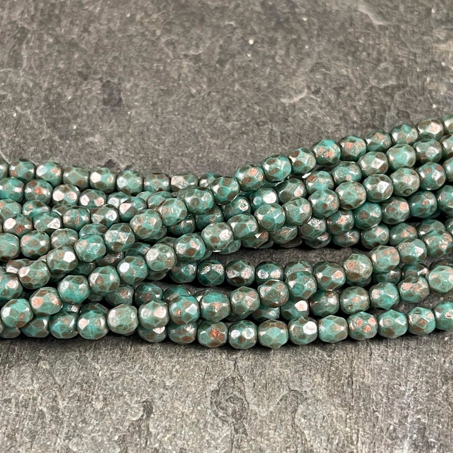 Czech Glass Beads - 4mm Faceted Round, Turquoise Green with Copper Picasso (FP4/TP) * Qty. 50