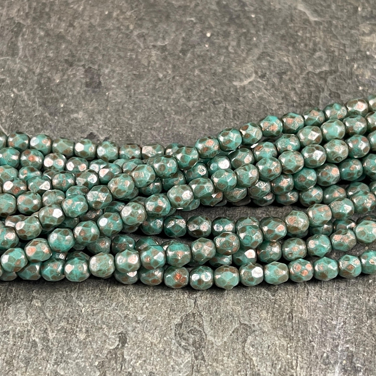 Czech Glass Beads - 4mm Faceted Round, Turquoise Green with Copper Picasso (FP4/TP) * Qty. 50