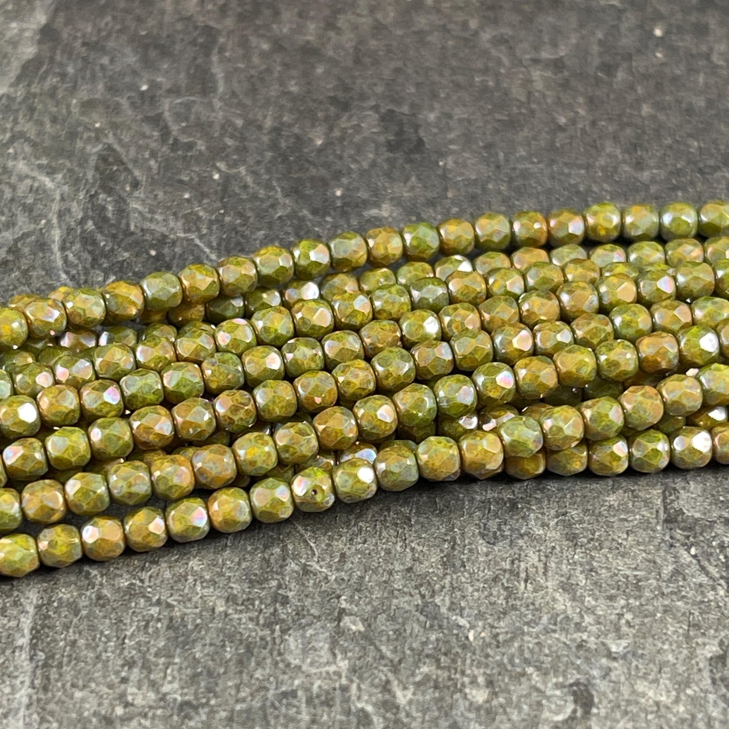 Czech Glass Beads - 3mm Faceted Round, Opaque Olive Green Luster (FP3/OL) * Qty. 50