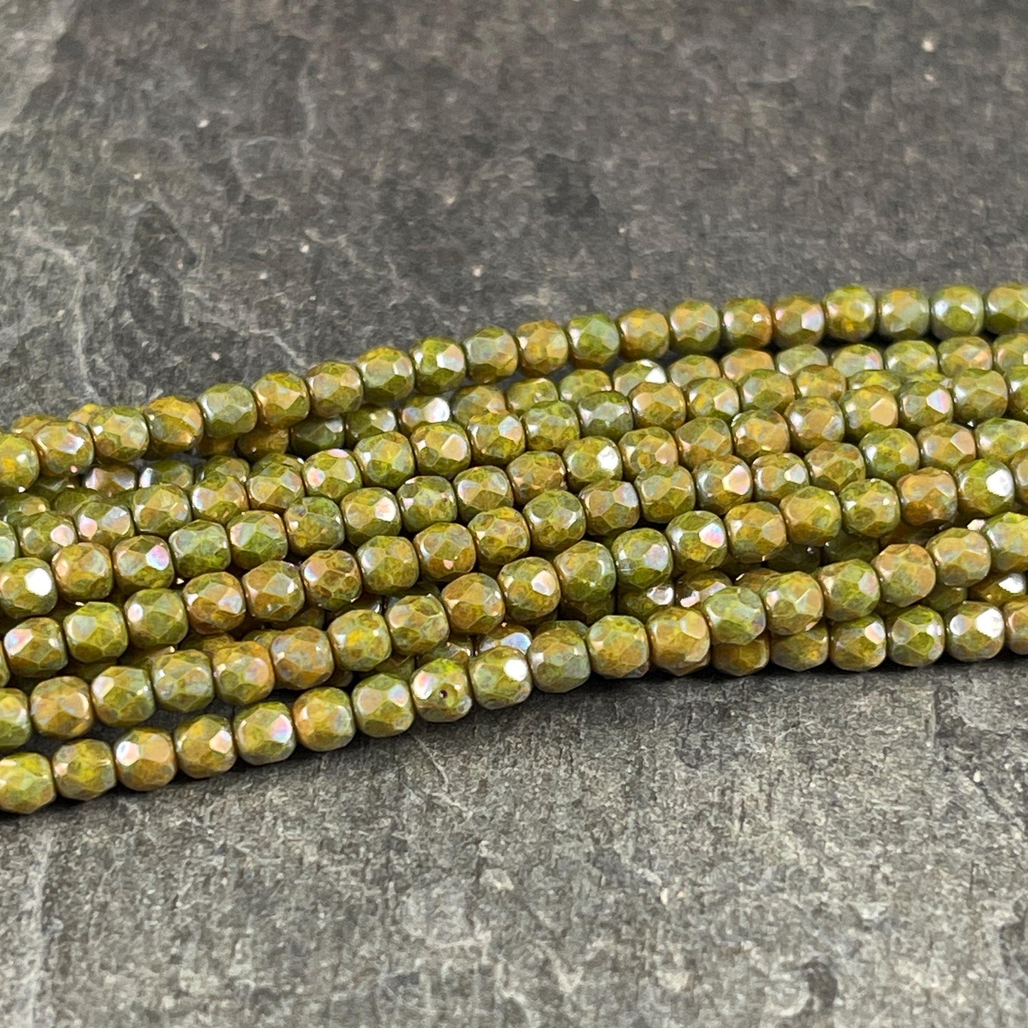 Czech Glass Beads - 3mm Faceted Round, Opaque Olive Green Luster (FP3/OL) * Qty. 50