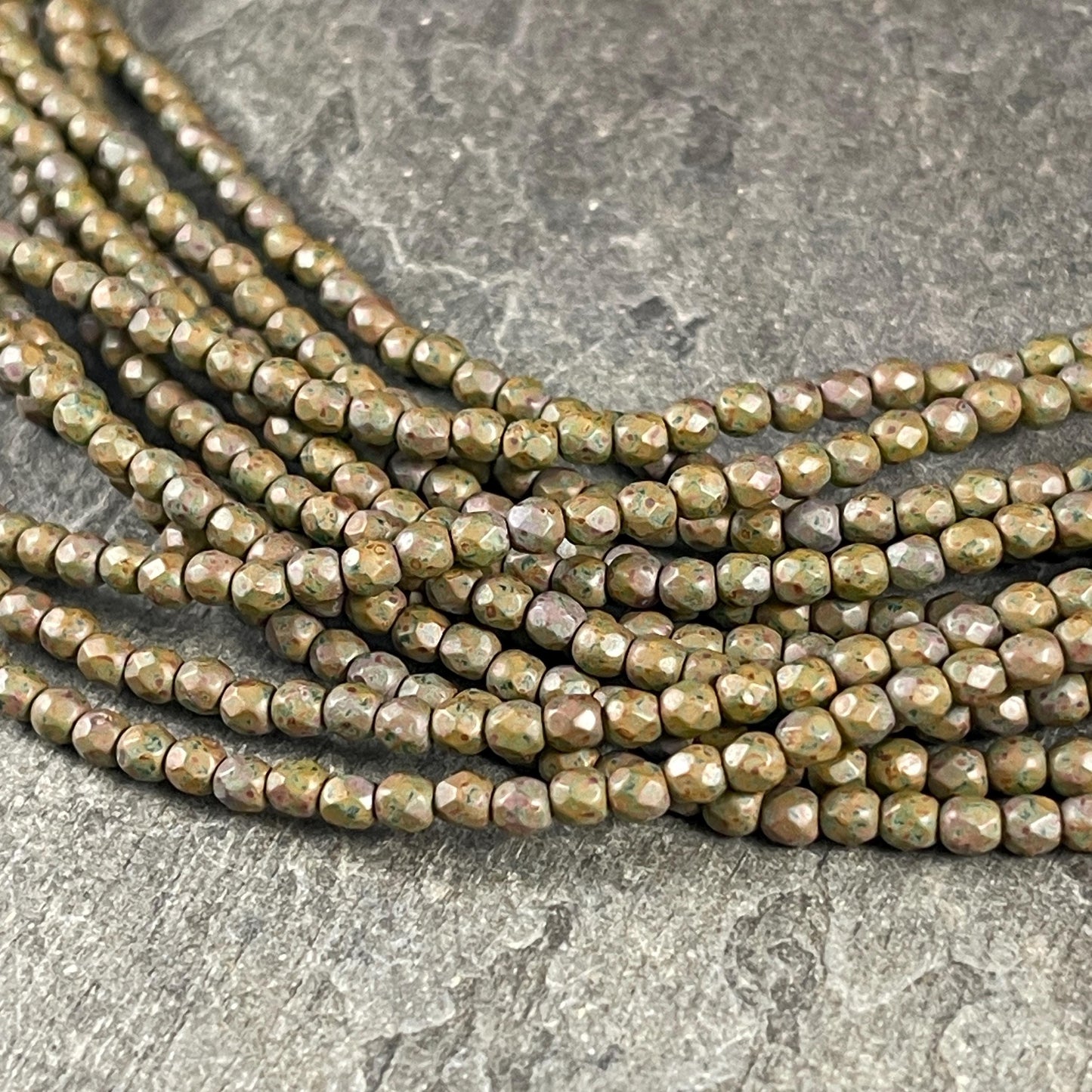 Czech Glass Beads - 3mm Faceted Round, Matte Olive Green Picasso (FP3/OLM) * Qty. 50