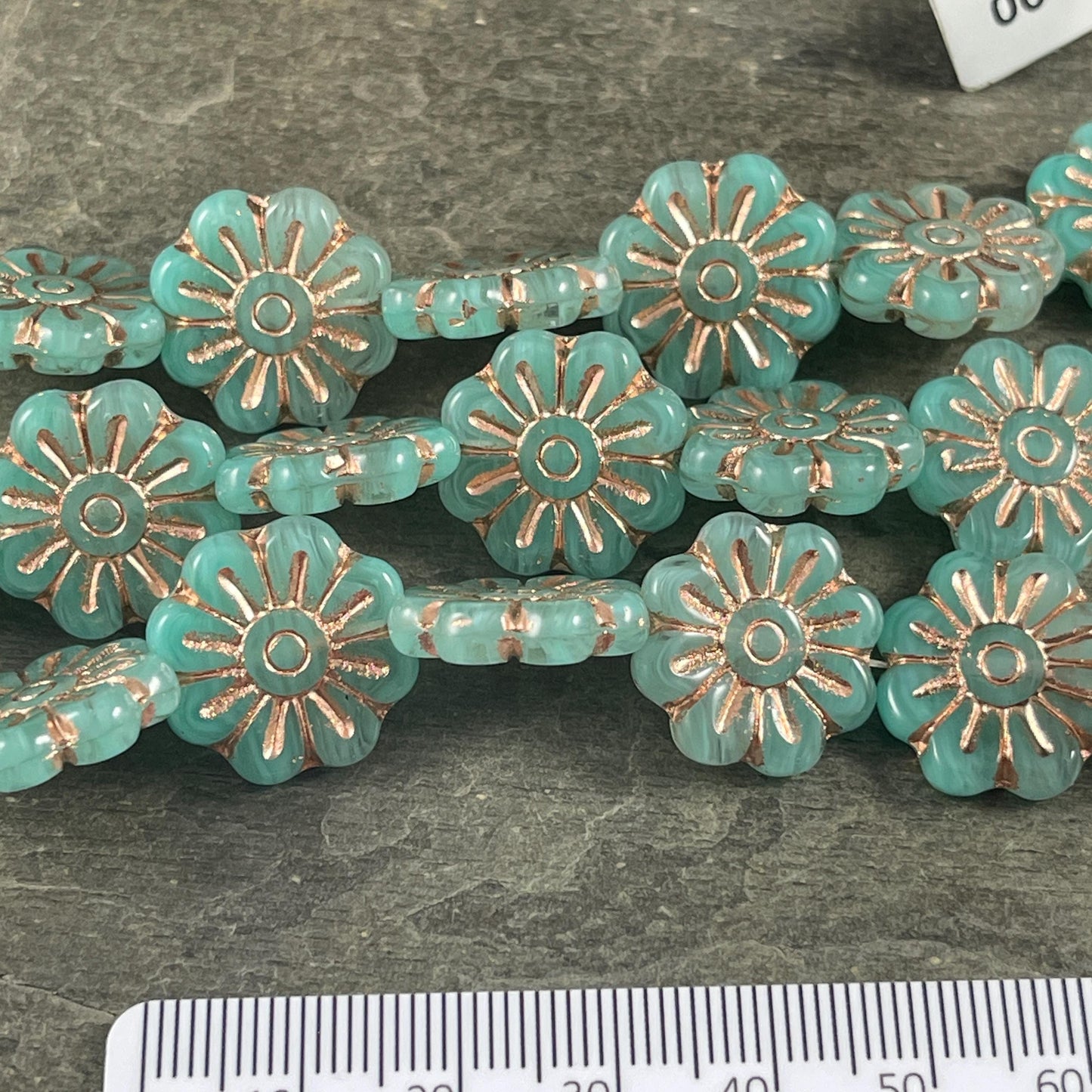 Czech Glass Beads - 17mm Daisy Flower, Jade Green with Copper Wash (PLD-JC) * 6 Beads