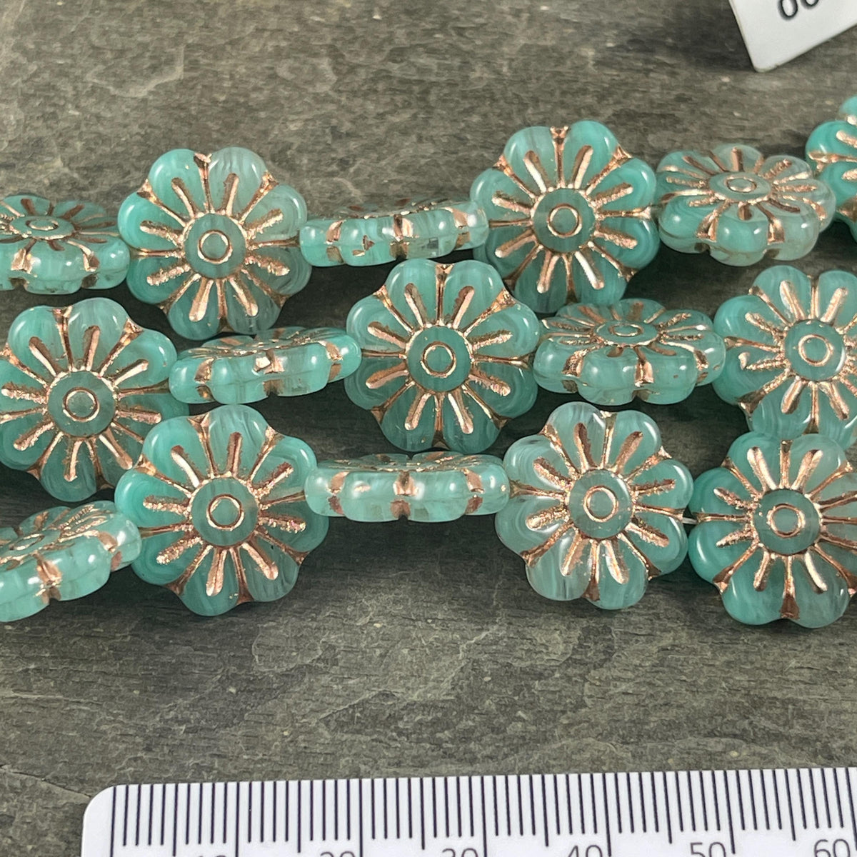 Czech Glass Beads - 17mm Daisy Flower, Jade Green with Copper Wash (PLD-21) * 6 Beads