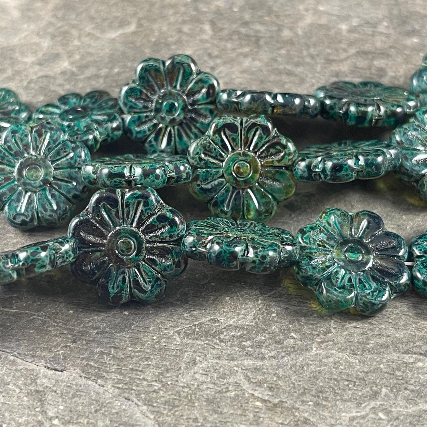 Czech Glass Beads - 17mm Daisy Flower, Dark Green Picasso (PLD-DGP) * 6 Beads