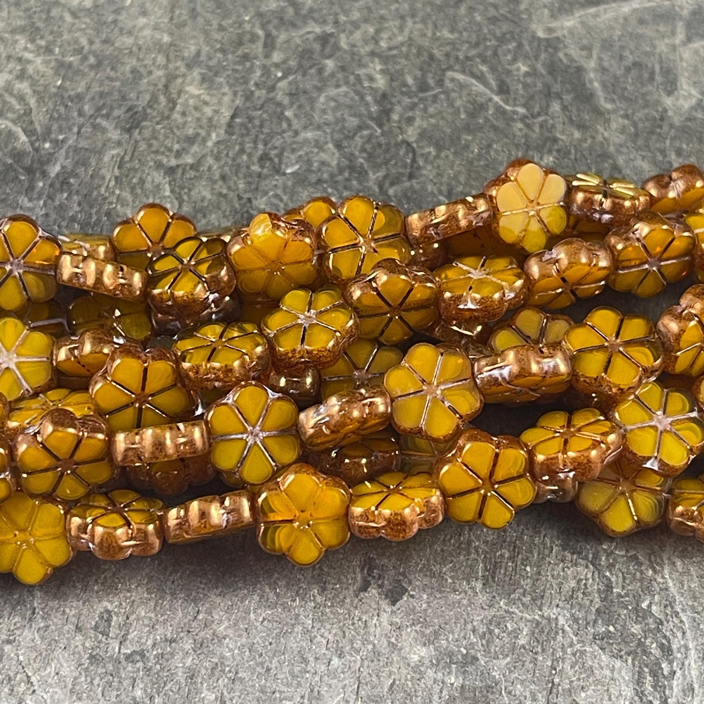 Czech Glass Beads, 10mm Table Cut Flower, Marigold Orange with Bronze Metallic (TCFMN-4) * Qty. 15
