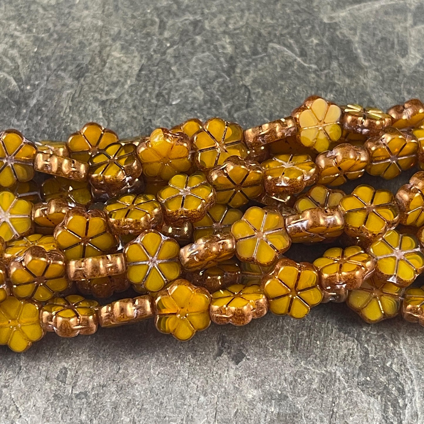 Czech Glass Beads, 10mm Table Cut Flower, Marigold Orange with Bronze Metallic (TCFMN-4) * Qty. 15