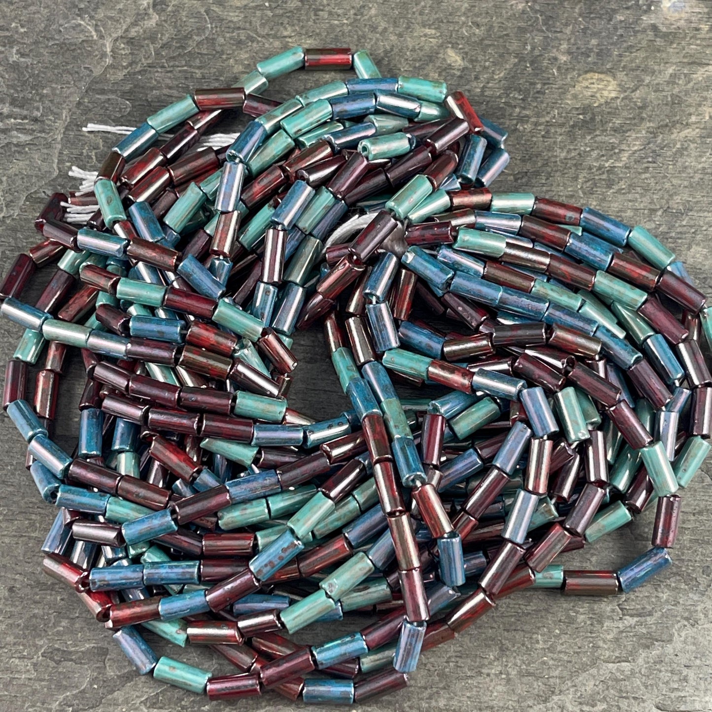Aged Picasso Seed Beads - 9x4mm Bugle Bead, Tri-Color Picasso Mix (9/4-Miracle) - 20" Strand ~ 55 Beads