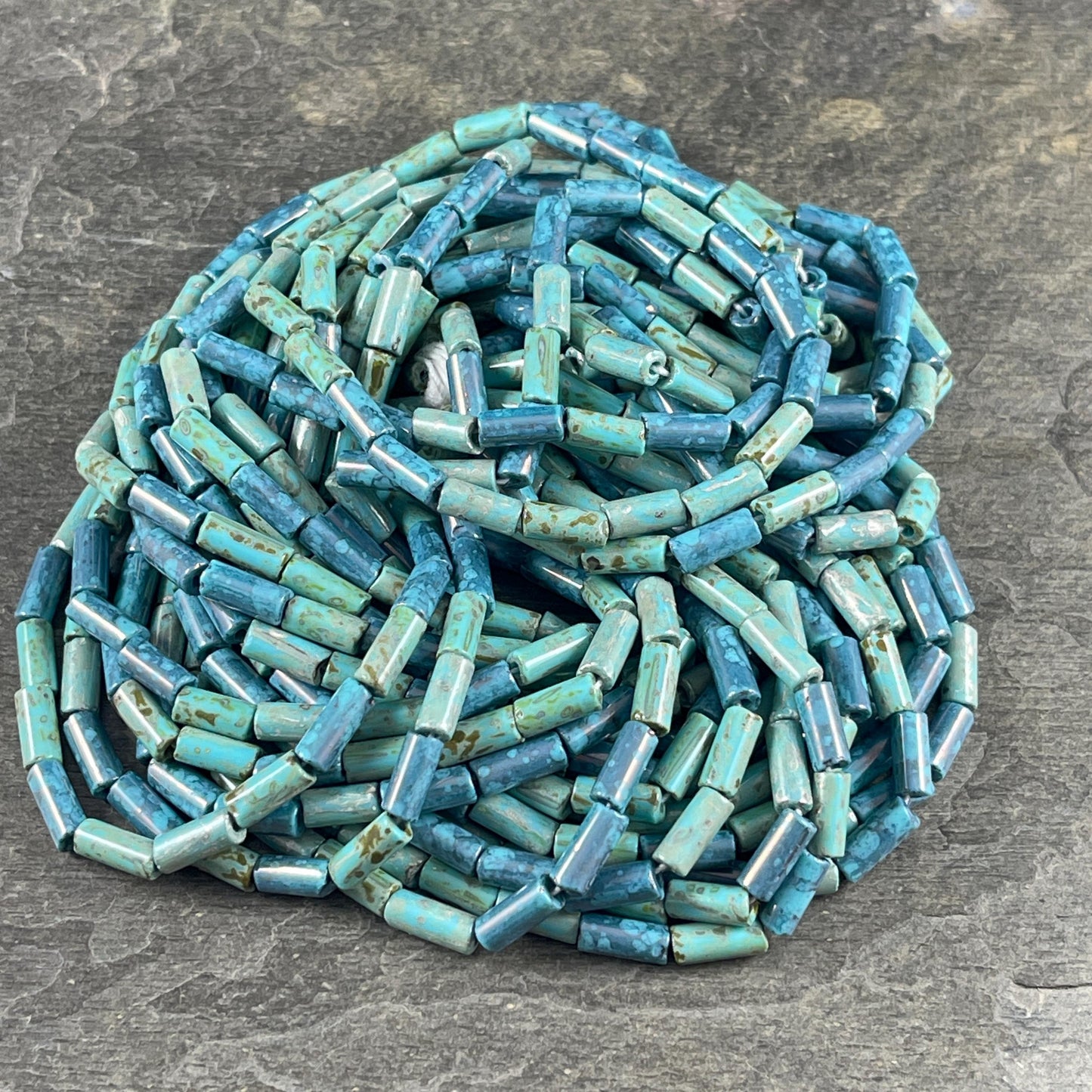 Aged Picasso Seed Beads - 9x4mm Bugle Bead, Blue Czech Glass Mix (9/4-TurqDenim) - 20" Strand ~ 55 Beads