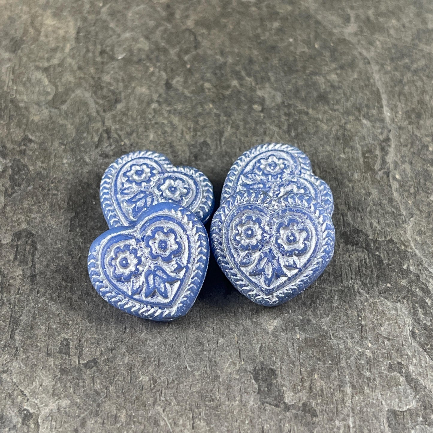 Czech Glass Beads - 18mm Heart Bead, Periwinkle with Silver Wash (FH-12) * 6 Beads