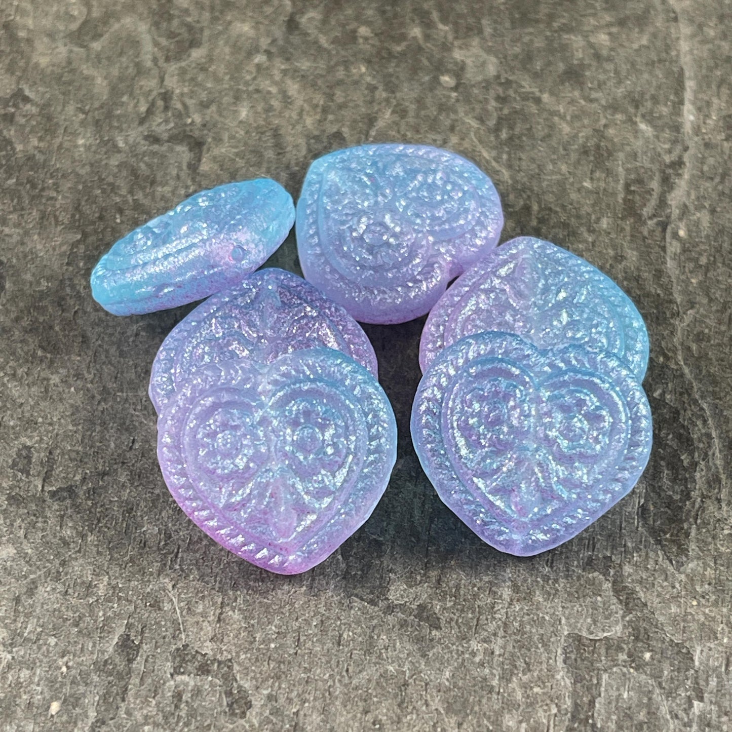 Czech Glass Beads - 18mm Heart Bead, Lilac and Aqua with AB (FH-6) * 6 Beads