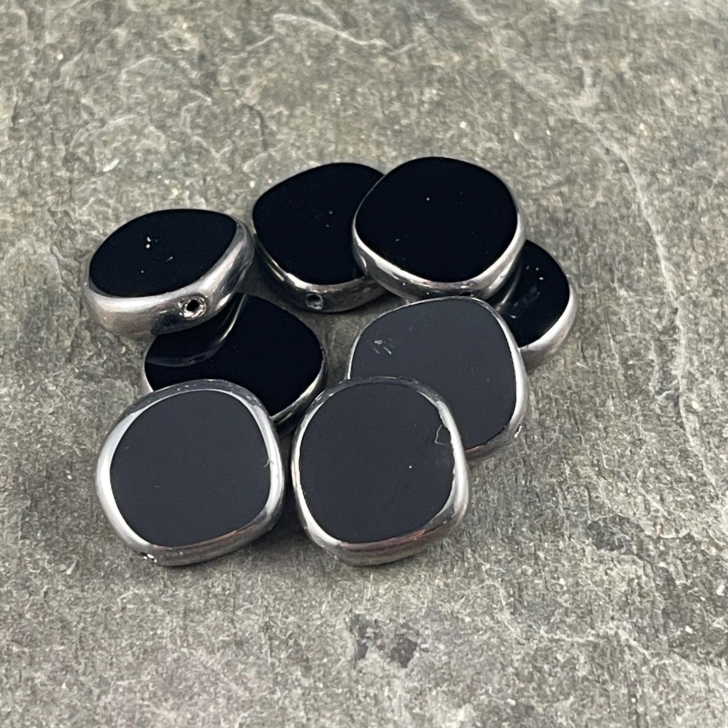 Czech Glass Beads - 15mm Irregular Round Coin - Glossy Black with Silver Picasso (TCIC-5) * 8 Beads