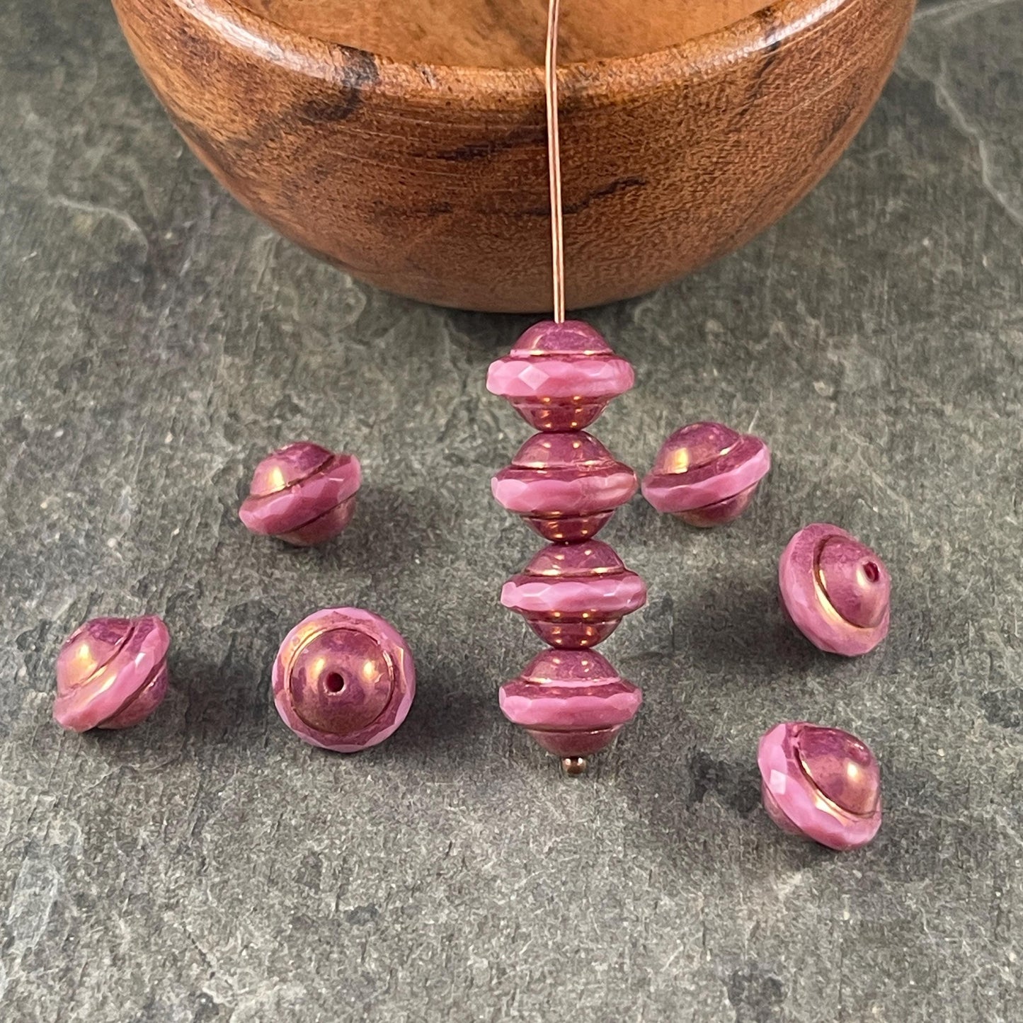 Czech Glass Beads - 9x7mm Faceted Saucer Bicone, Mauve Pink with Bronze Picasso (SAT-1) * 12 Beads
