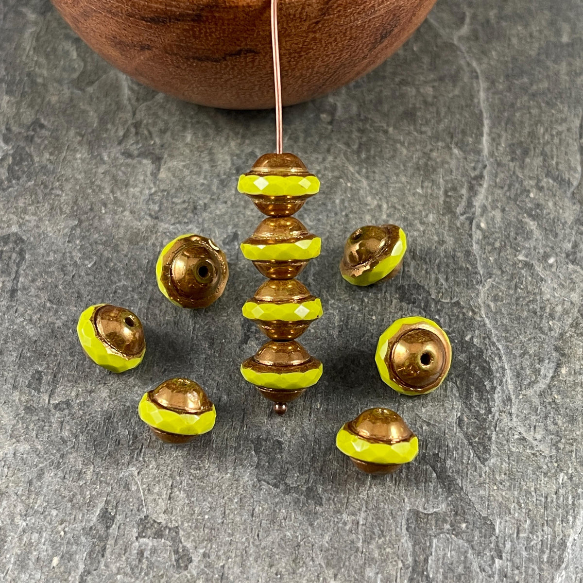 Czech Glass Beads - 9x7mm Faceted Saucer Bicone, Chartreuse Green with Bronze Picasso (SAT-3) * 12 Beads