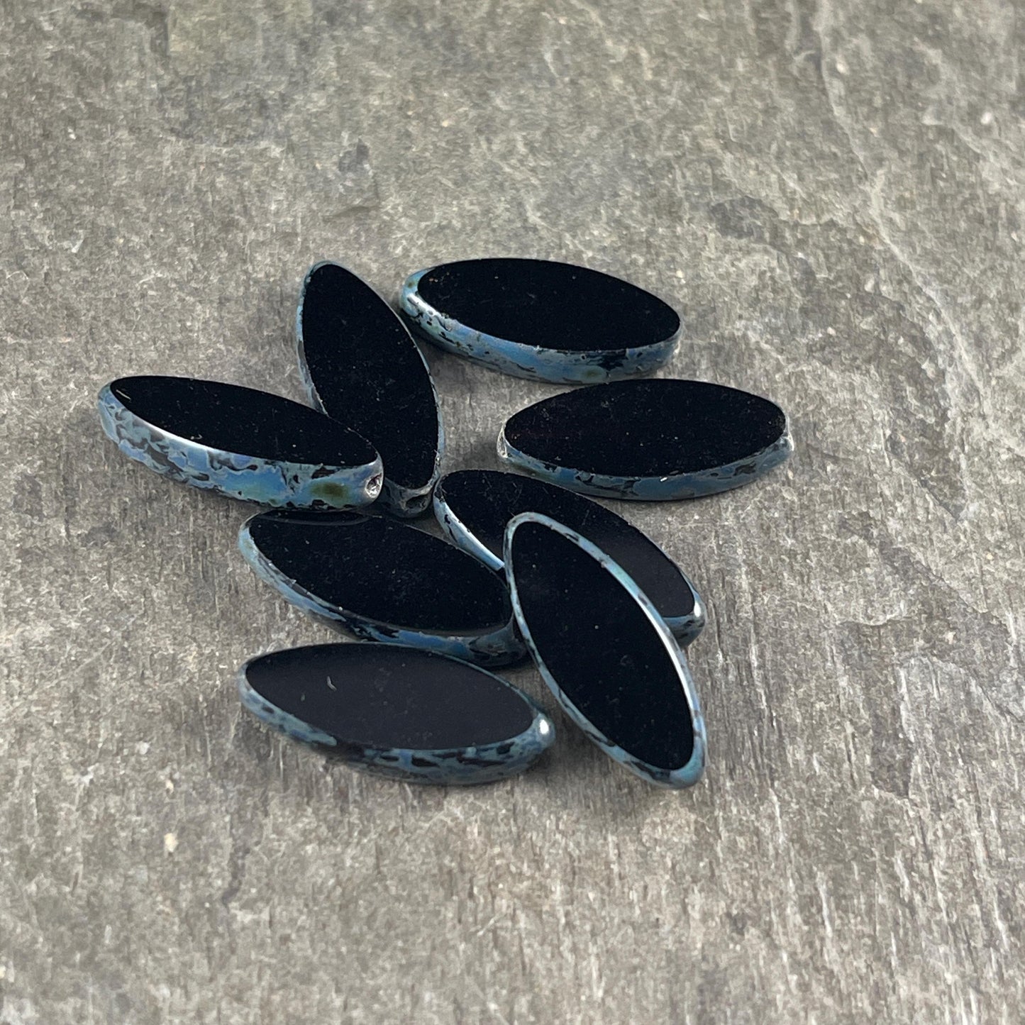 Czech Glass - 17x7mm Table Cut Marquise Spindle Bead, Black Picasso (Spndl-24) * 8 Beads