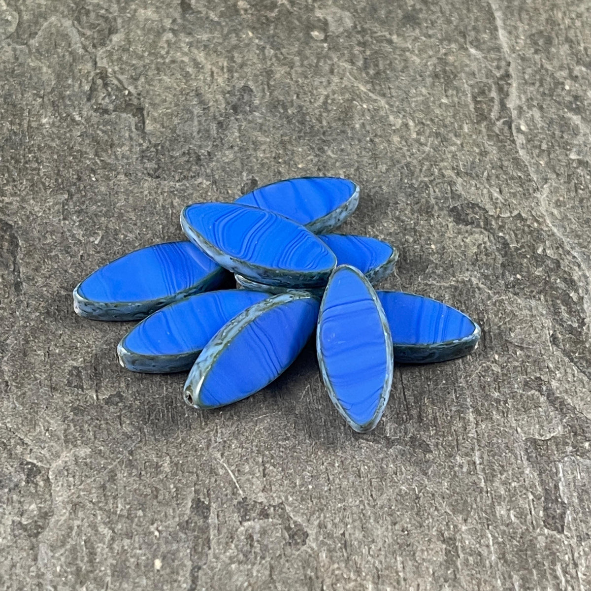 Czech Glass - 17x7mm Table Cut Marquise Spindle Bead, Royal Blue Picasso (Spndl-28) * 8 Beads