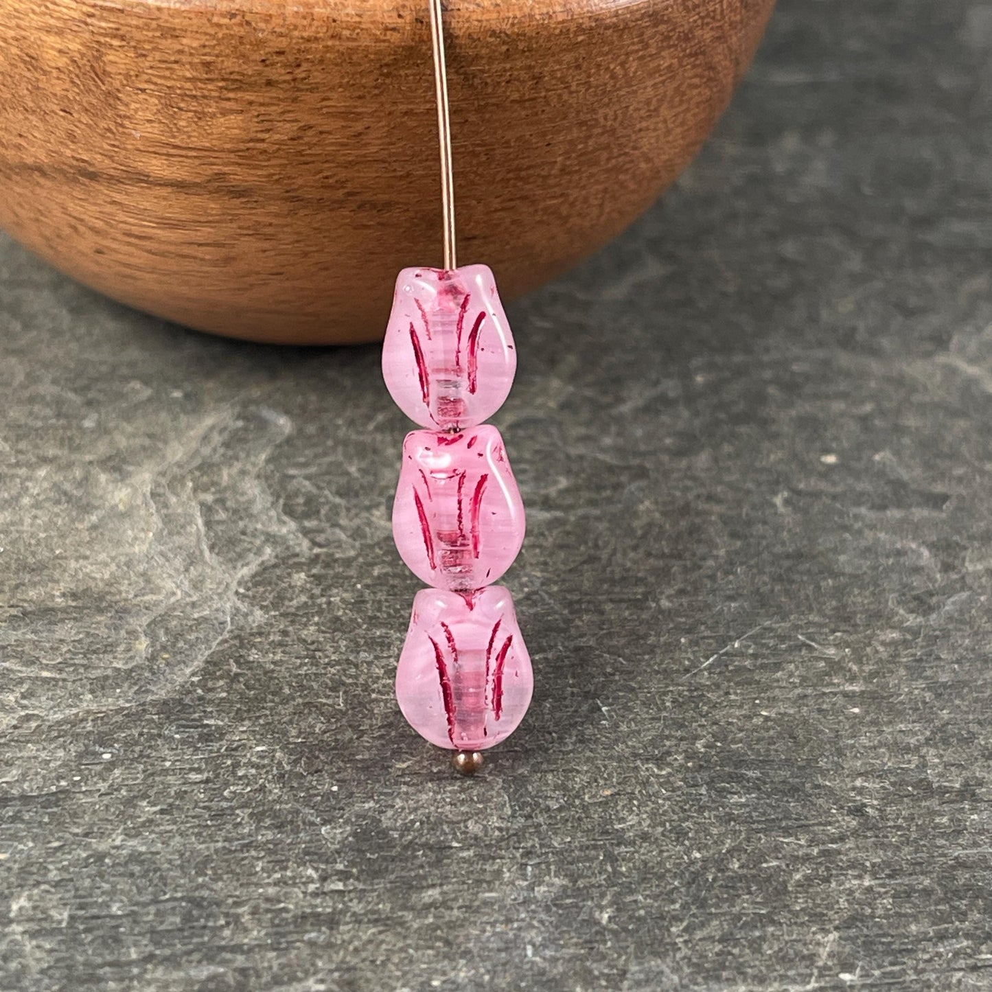 Czech Glass Beads - 9x7mm Mini Tulip Flower, Light Pink and Clear (MTul-2) * 16 Beads