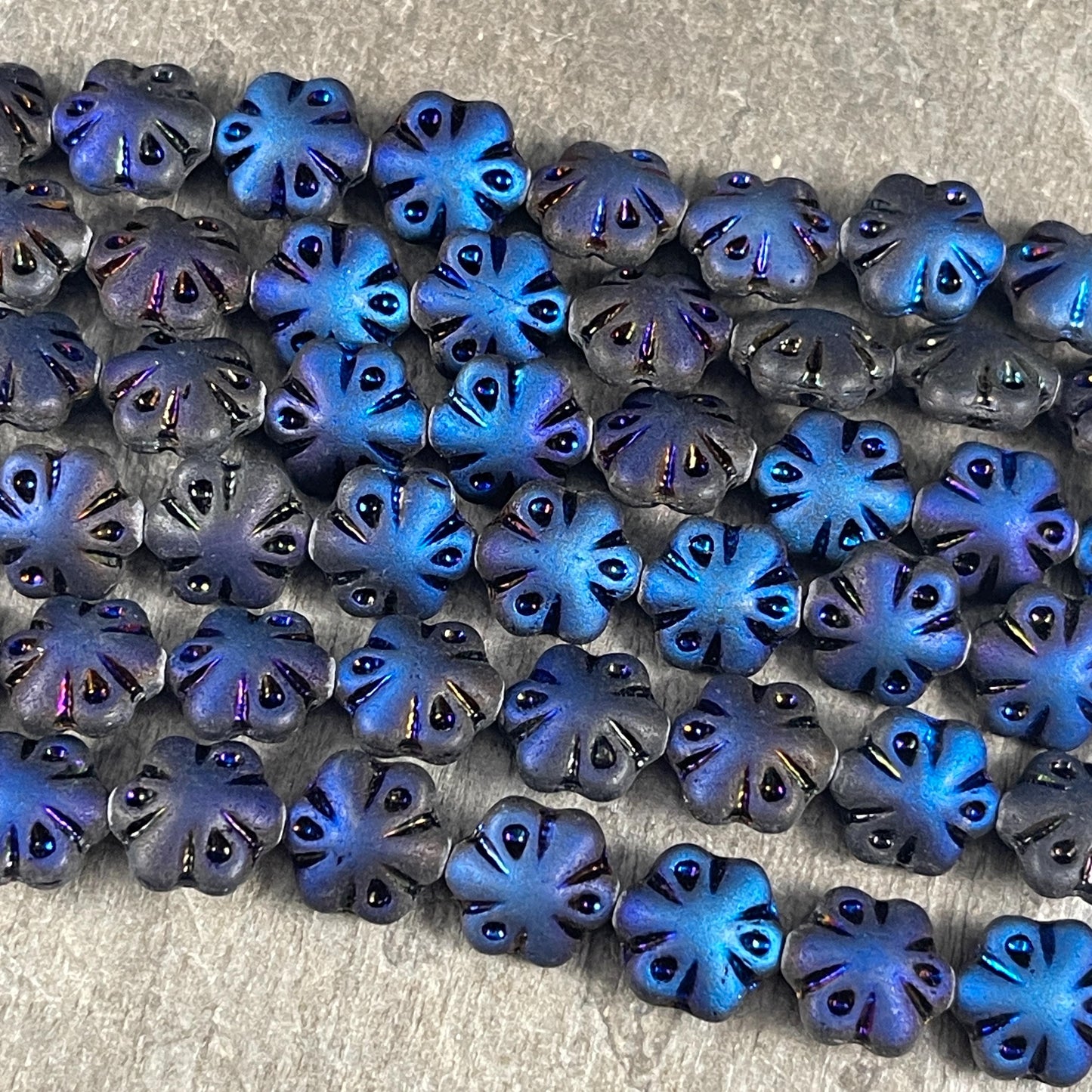 Czech Glass - 11mm Puffy Flower Bead, Matte Black and Blue Azuro (PFS3) * Qty. 10