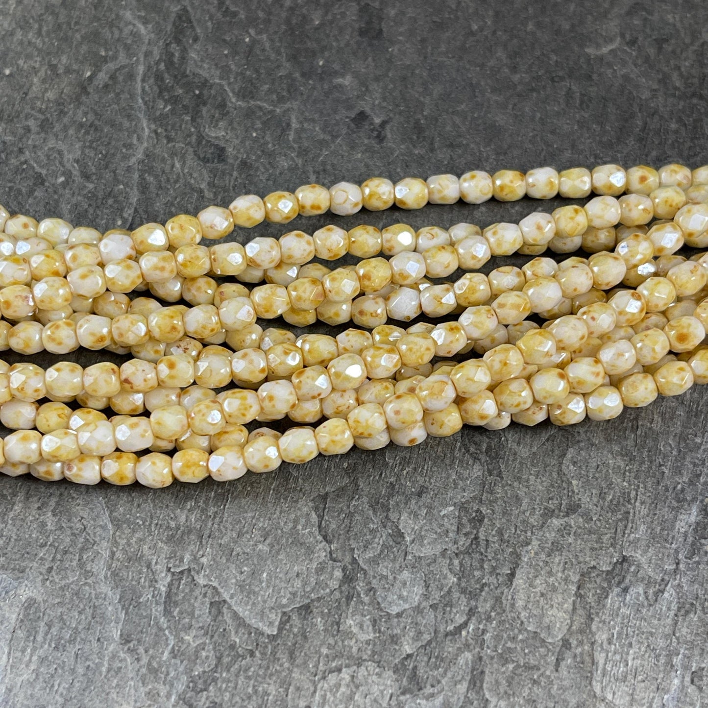 Czech Glass Beads - 4mm Faceted Round, Alabaster Beige Picasso (FP4/BP) * Qty. 50