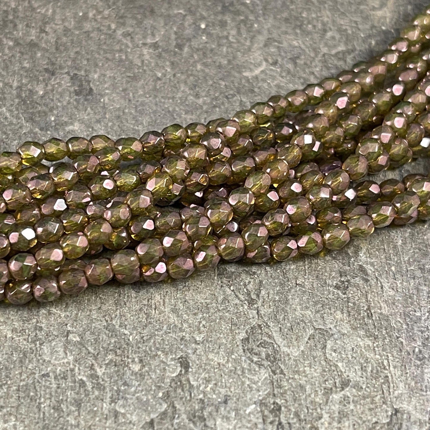 Czech Glass Beads - 4mm Faceted Round, Transparent Olive Green with AB (FP4/OT) * Qty. 50