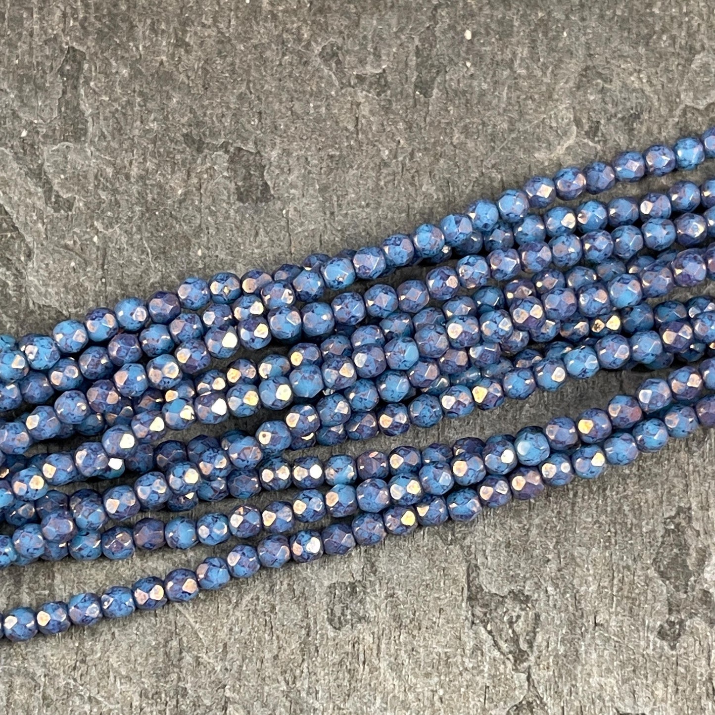 Czech Glass Beads - 3mm Faceted Round, Denim Blue with Indigo Picasso (FP3/IN) * Qty. 50