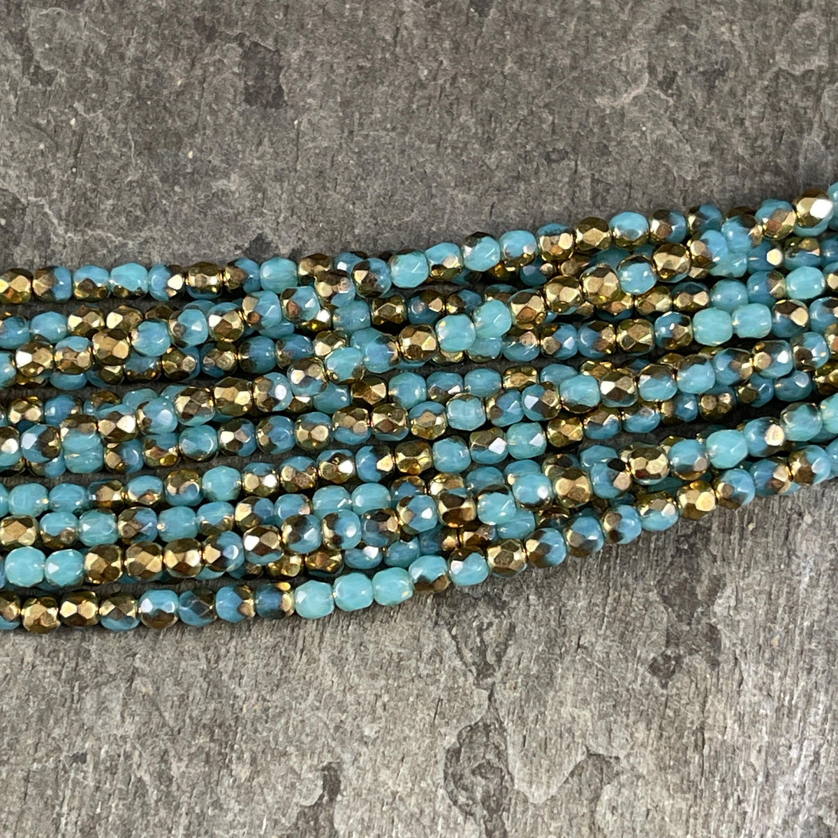 Czech Glass Beads - 3mm Faceted Round, Aqua and Antiqued Gold (FP3/AG) * Qty. 50