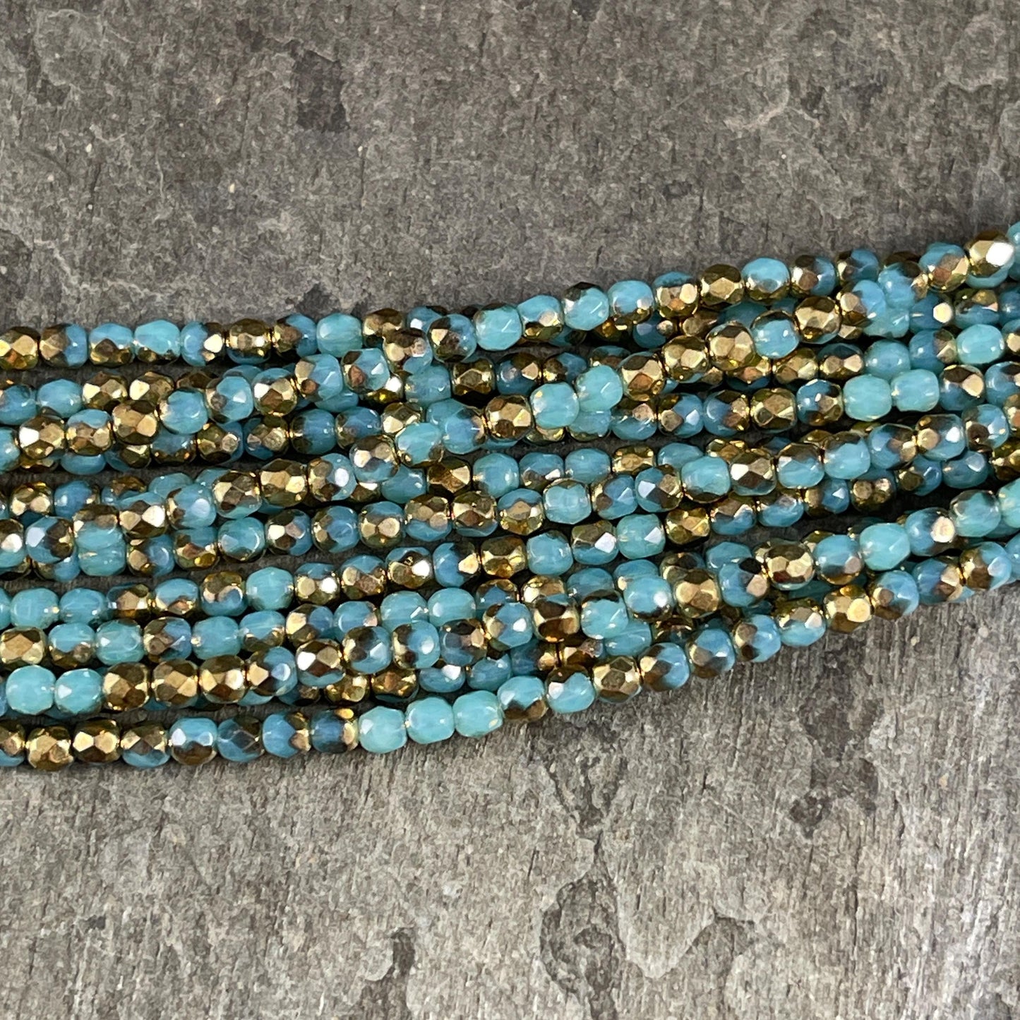 Czech Glass Beads - 3mm Faceted Round, Aqua and Antiqued Gold (FP3/AG) * Qty. 50