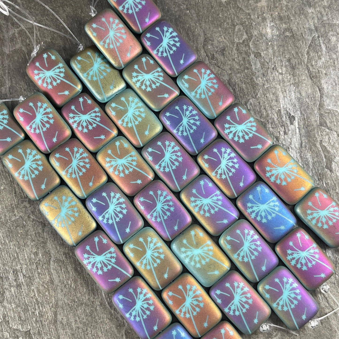 Czech Glass - 19x12mm Laser Etched Rectangle, Dandelion Wish Flower (LTPG-532) * 6 Beads
