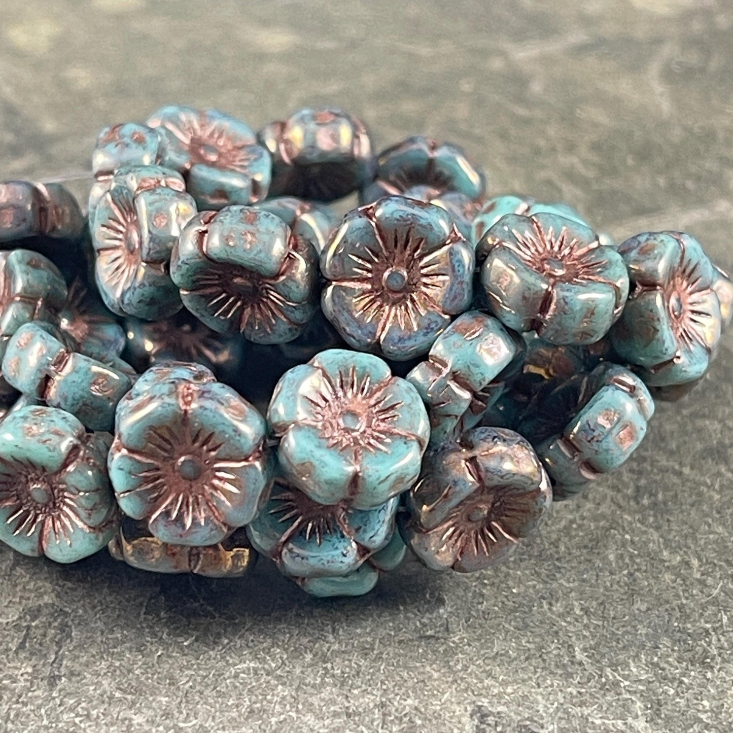Czech Glass - 12mm Hibiscus Flower, Turquoise with Bronze Wash (FL12/N-1222) * 8 Beads