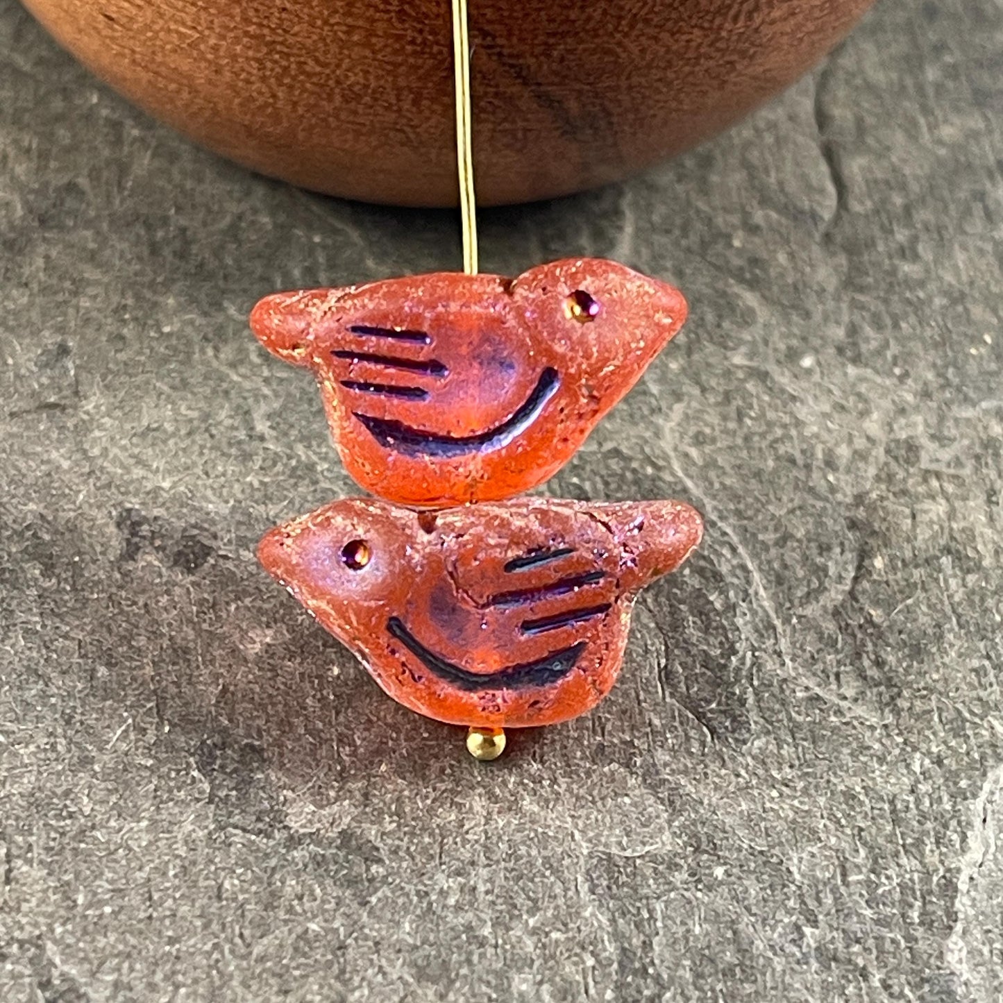 Czech Glass Beads - 11x22mm Chunky Bird, Matte Bright Orange with Sliperit Wash (N-0733) * 4 Beads