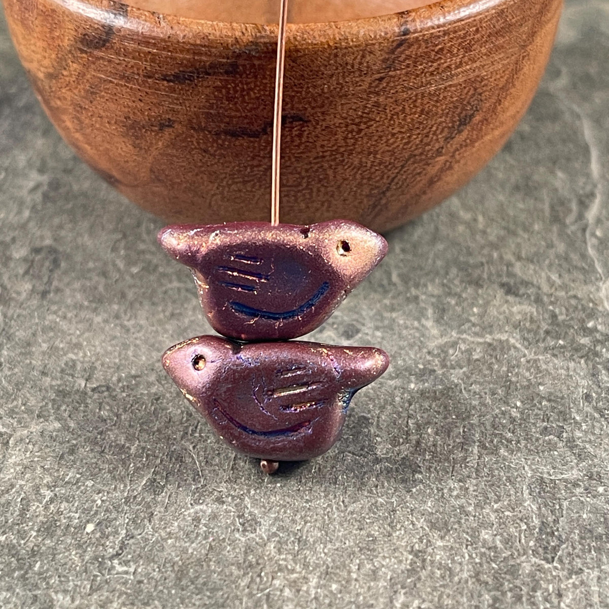Czech Glass Beads - 11x22mm Chunky Bird, Dark Plum with Iridescent Wash (BRD/N-0563) * 3 Beads