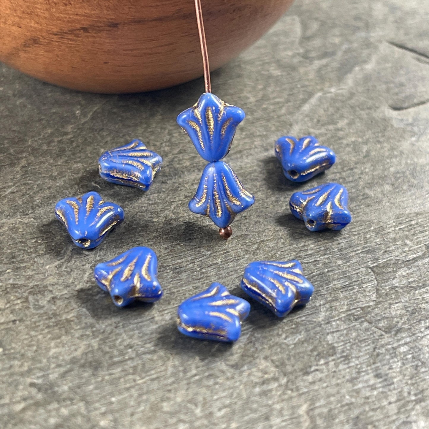 Czech Glass Beads - 9mm Day Lily - Royal Blue with Gold Wash (DLily25) * Qty. 17