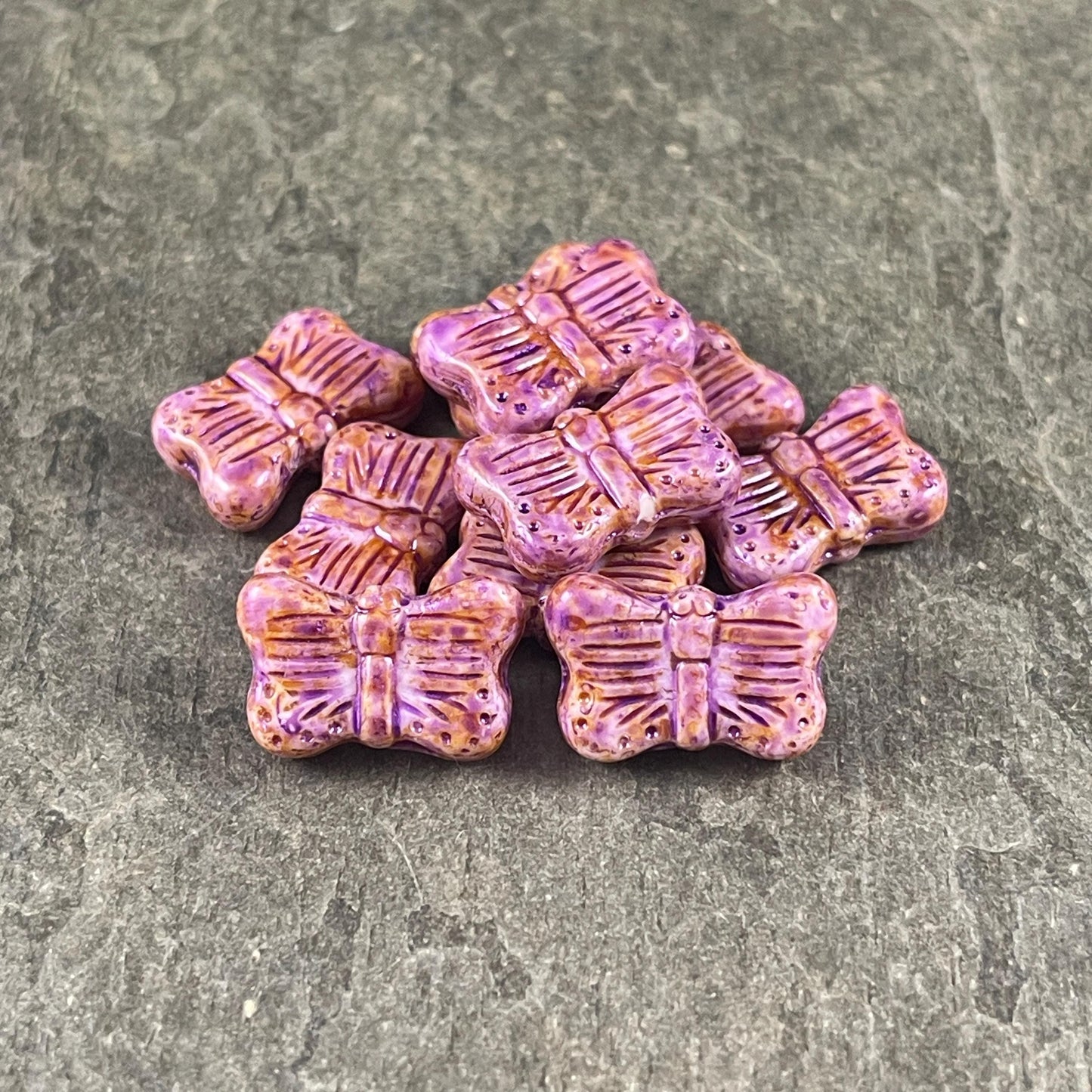 Czech Glass - 16x11mm Butterfly Shape Bead - Thistle with Picasso and Purple Finishes (FLY/N-1536) * 6 Beads