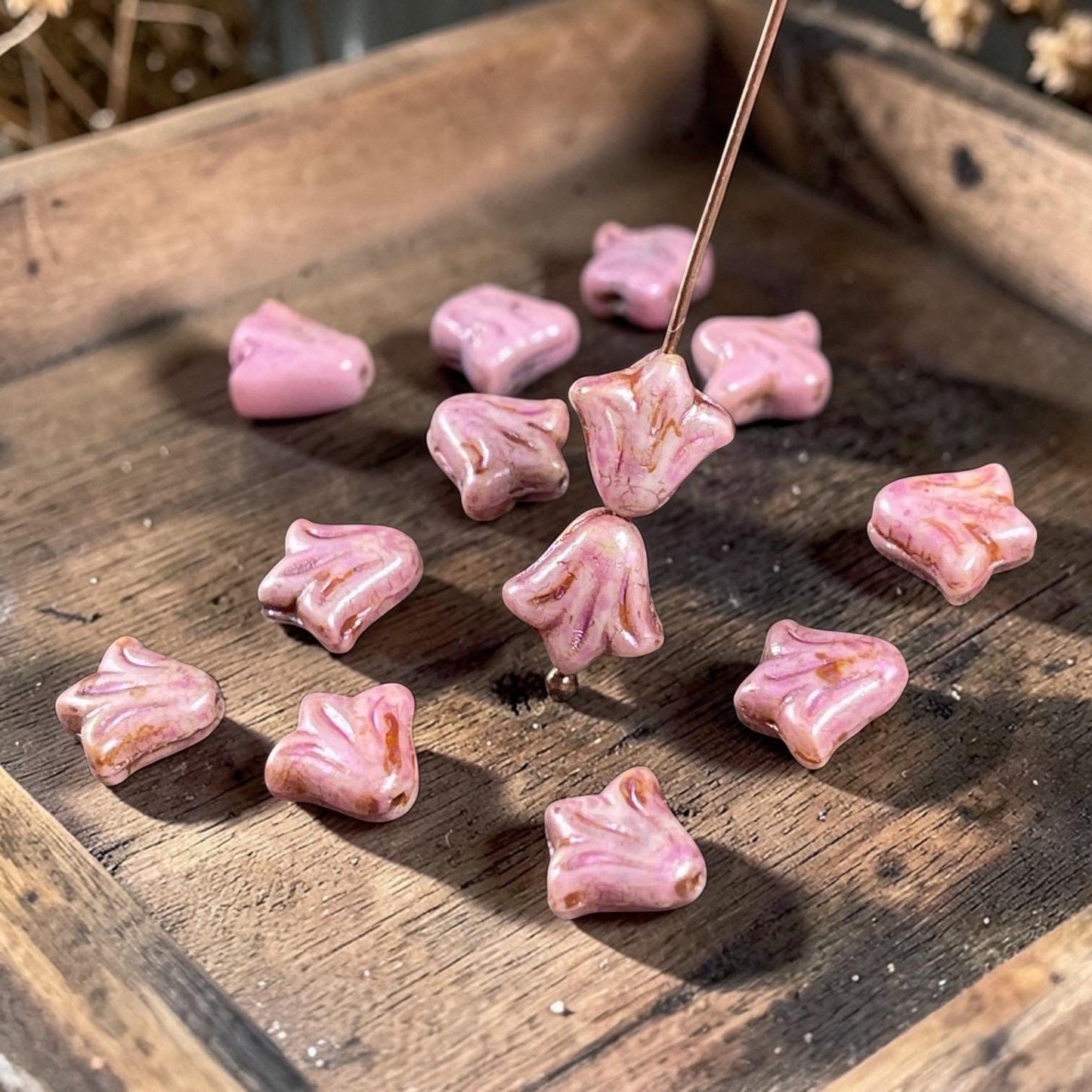 Czech Glass Beads - 9mm Day Lily - Alabaster Pink Picasso (DLily22) * Qty. 17