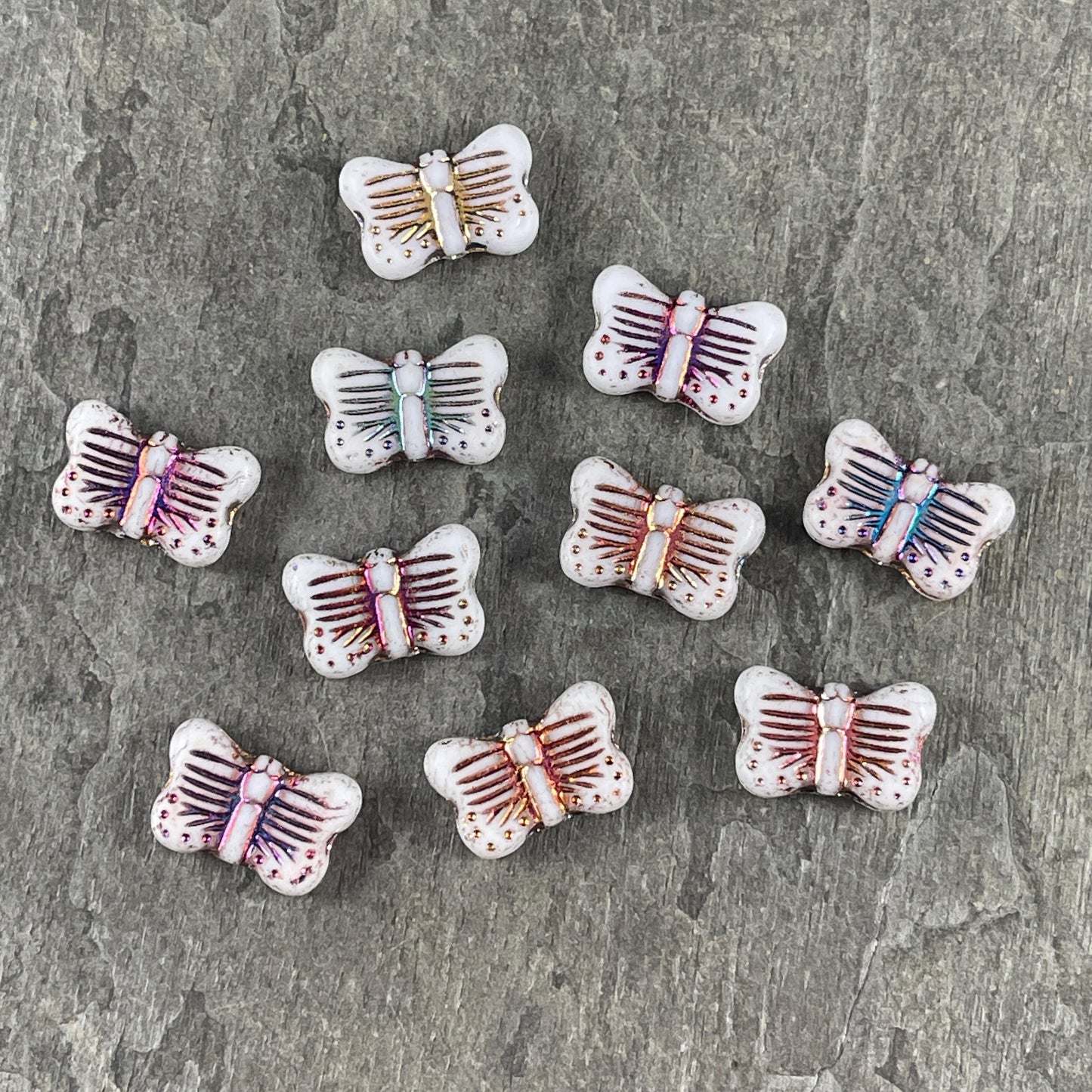 Czech Glass - 16x11mm Butterfly Shape Bead - White with Sliperit Finish (FLY/N-1914) * 6 Beads