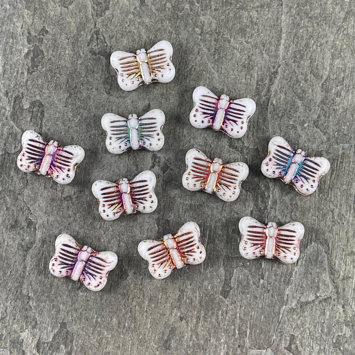 Czech Glass Butterfly Beads - 16x11mm White with Sliperit Finish (FLY/N-1914) * 6 Beads