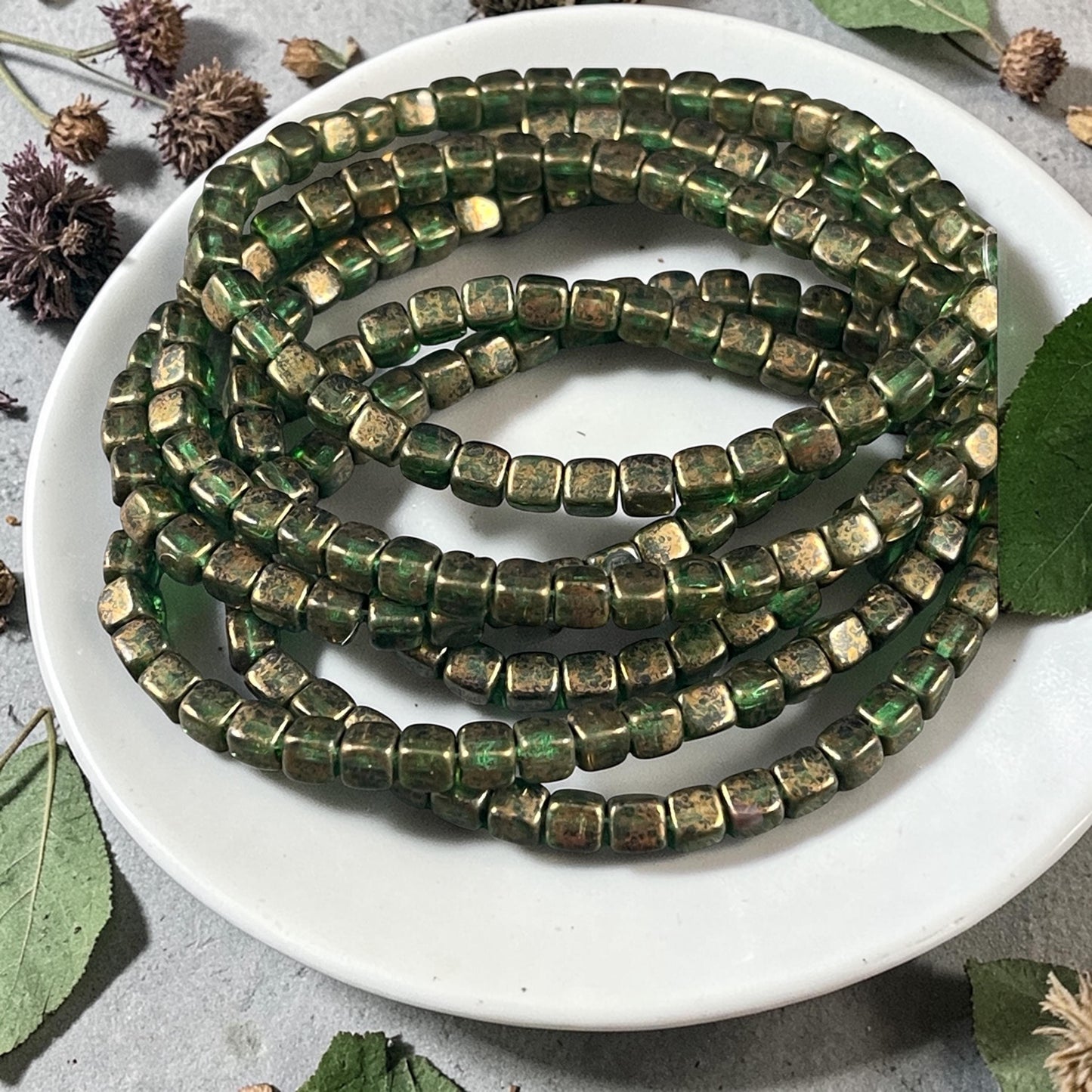 Czech Beads - 4mm Cube Beads, Transparent Emerald Green with Gold Wash (CUB/N-0834) * Qty. 40