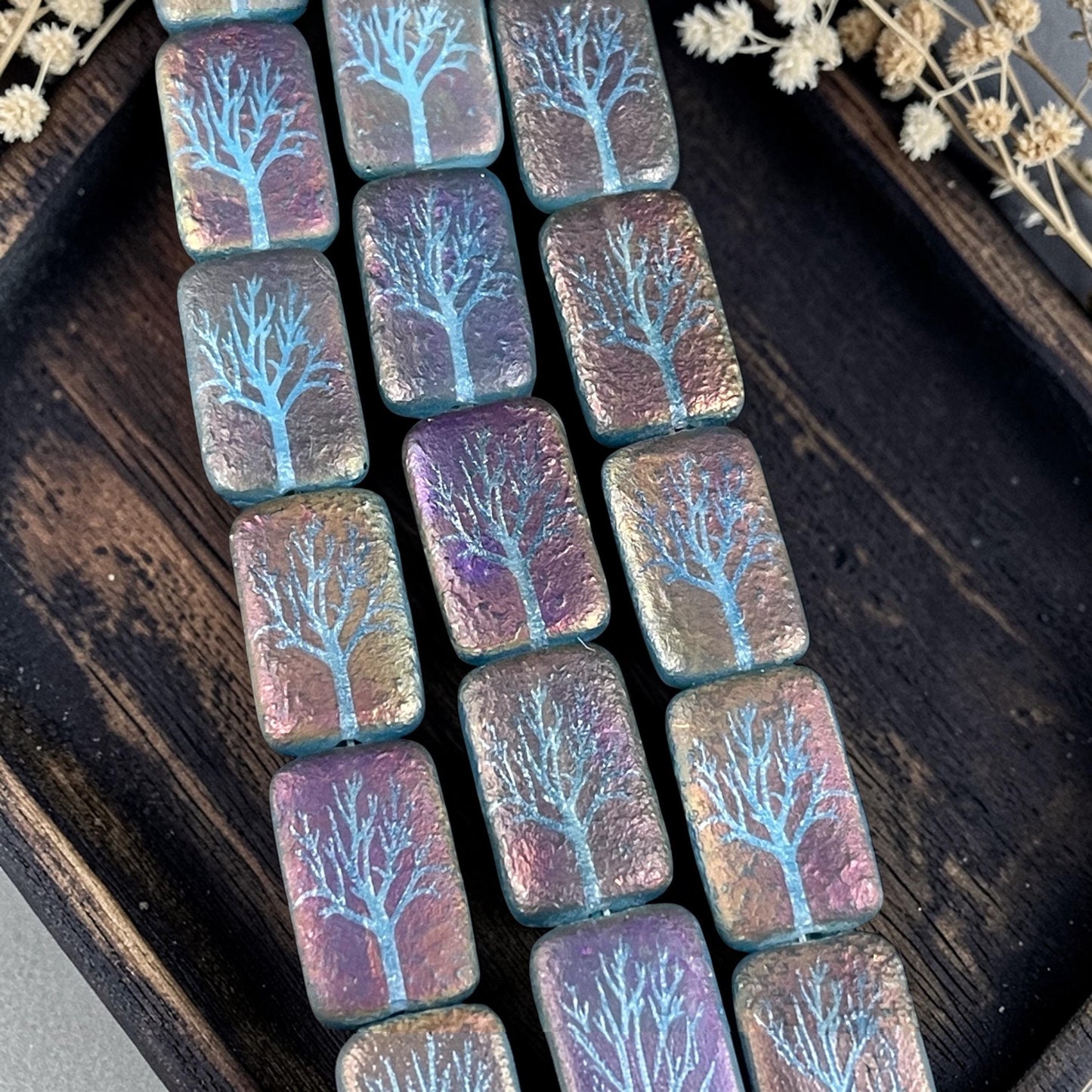Czech Glass - 19x12mm Laser Etched Rectangle, Purple and Blue Tree (LTPG-T1) * 6 Beads