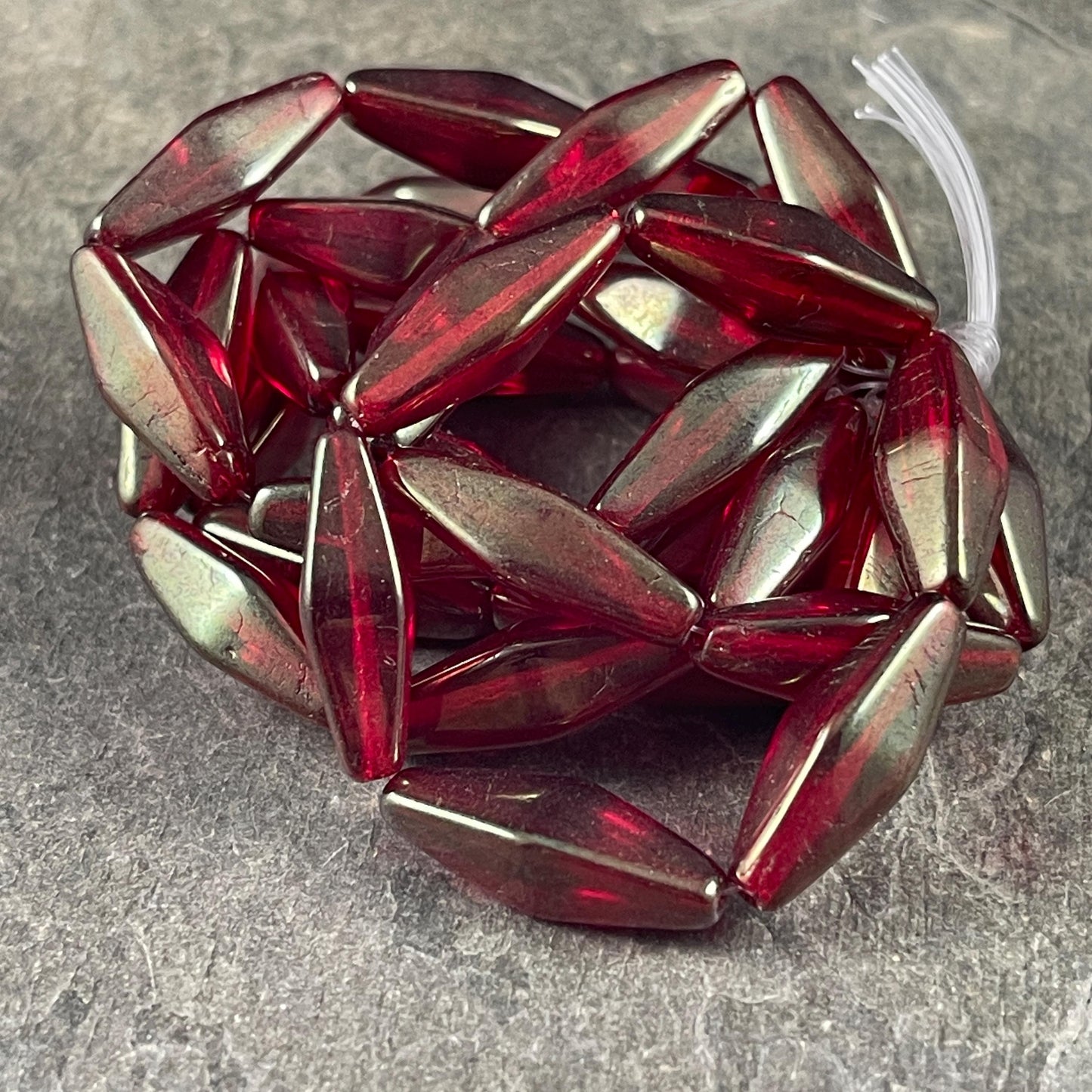 Czech Glass Beads - 20x8mm Rhombus, Ruby Red with Gold Luster (RHO/N-1098) * Qty. 6 Beads