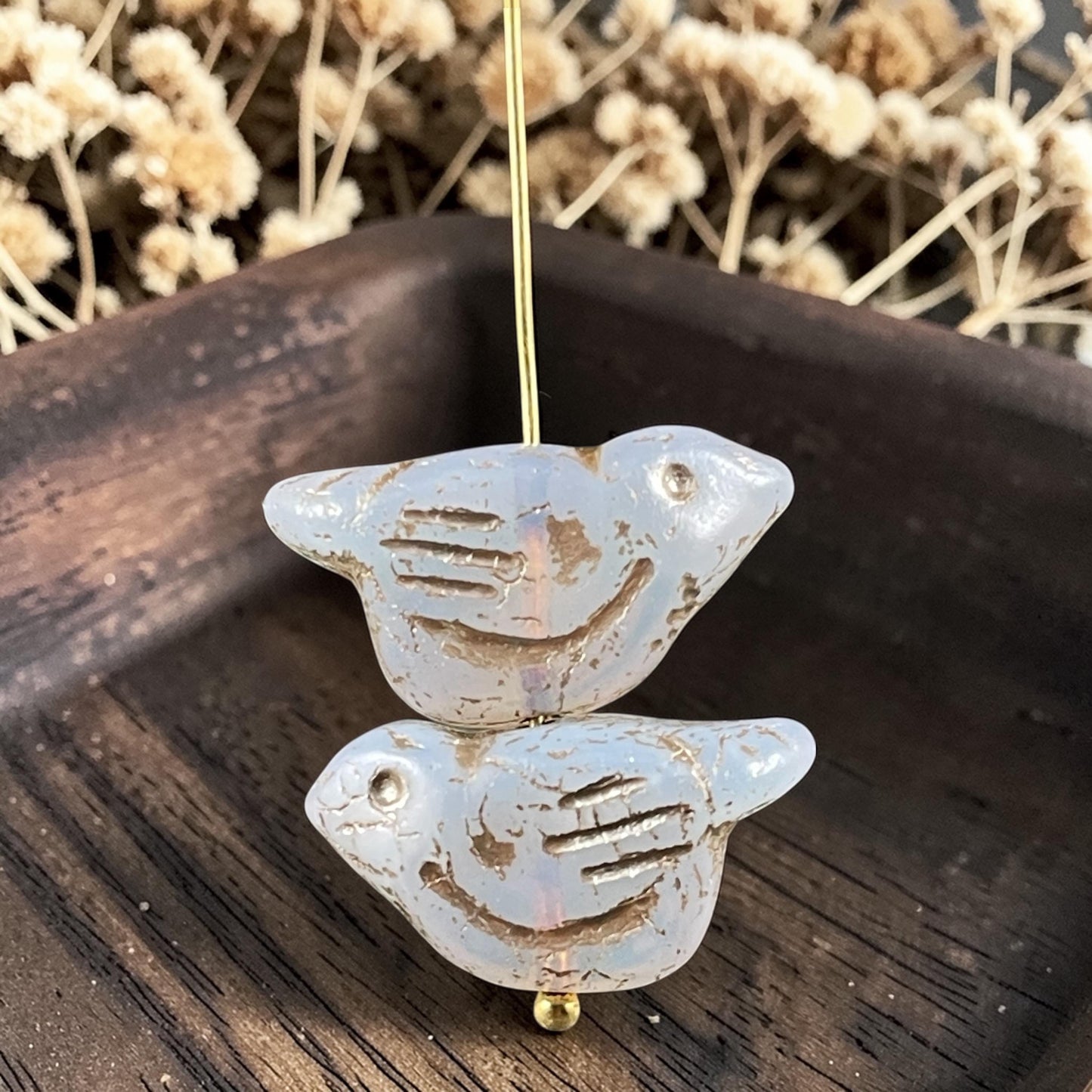 Czech Glass Beads - 11x22mm Rustic Chunky Bird, Opal White with Metallic Beige Wash (N-1670B) * Qty. 3