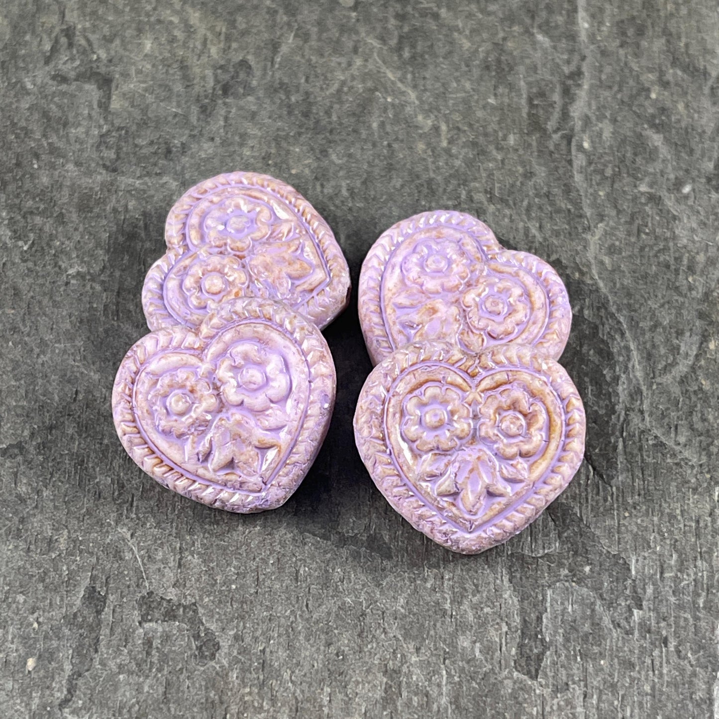 Czech Glass Beads - 18mm Heart Bead, Alabaster with Lavender Picasso (FH-23) * 4 Beads