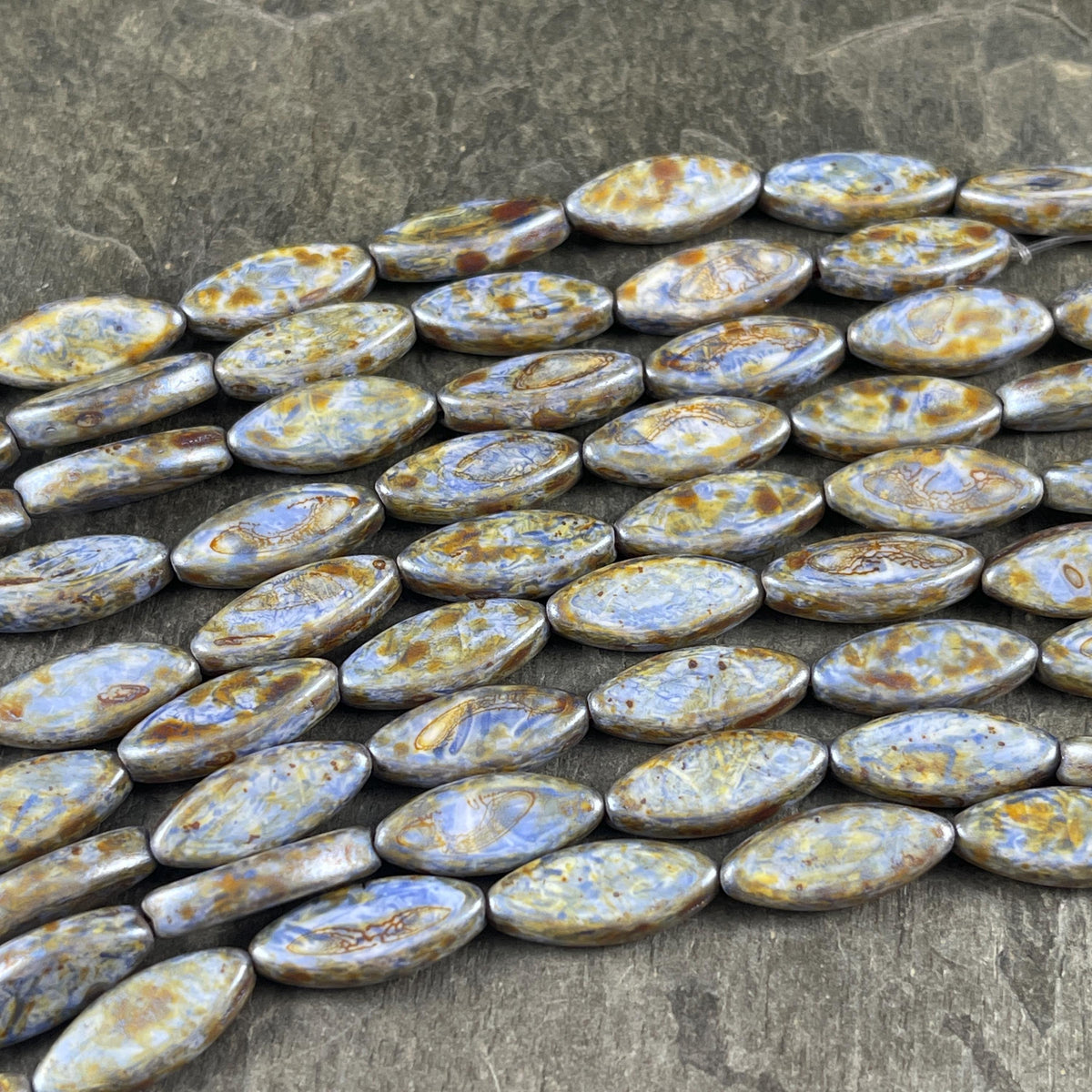 Czech Glass - 17x8mm Marquise Spindle Bead, Alabaster Blue Picasso (PSpndl-16) * 8 Beads