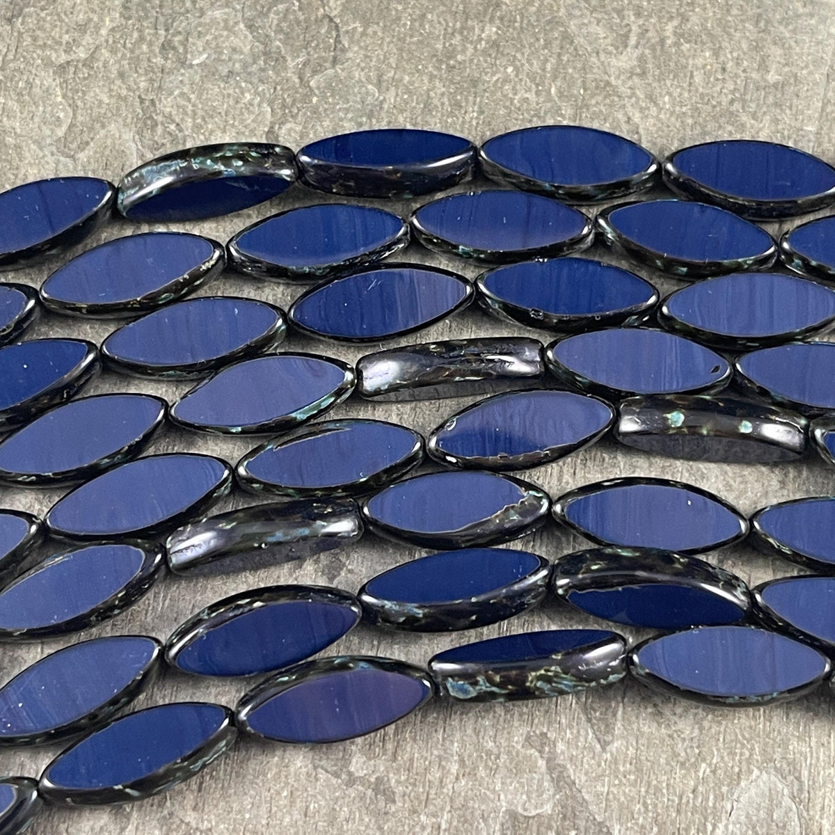 Czech Glass - 17x7mm Table Cut Marquise Spindle Bead, Navy Blue Picasso (Spndl-N) * 8 Beads