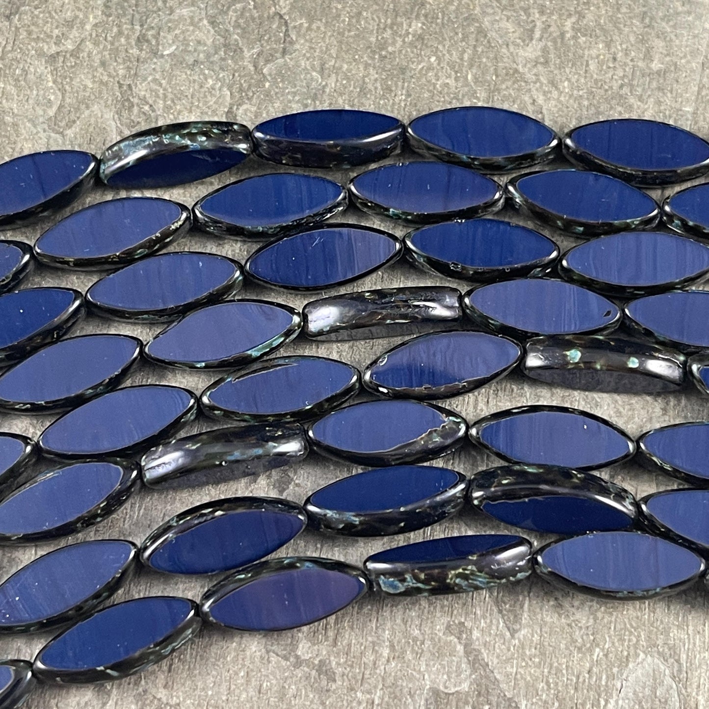 Czech Glass - 17x7mm Table Cut Marquise Spindle Bead, Navy Blue Picasso (Spndl-N) * 8 Beads