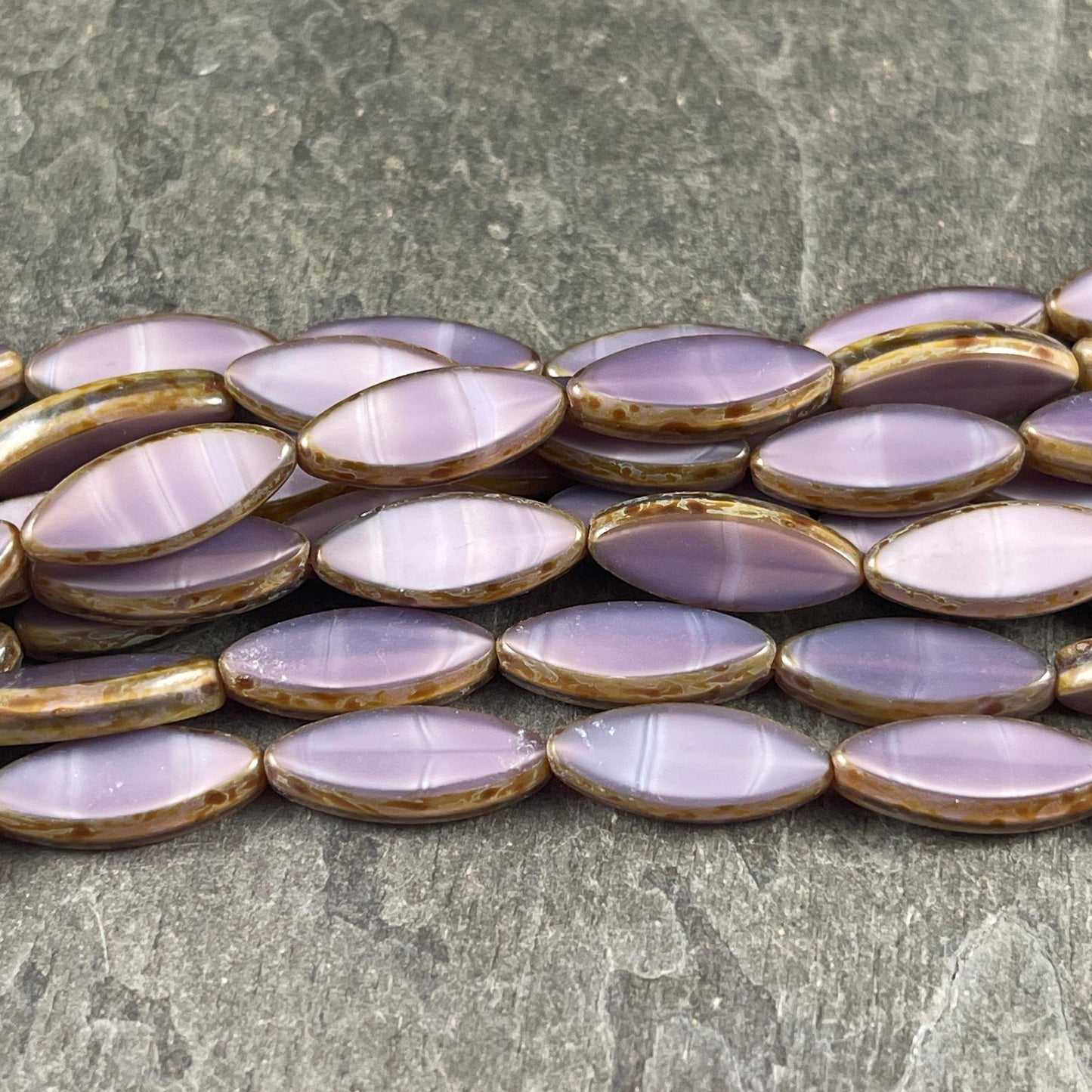 Czech Glass - 17x7mm Table Cut Marquise Spindle Bead, Lavender Silk Picasso (Spndl-10) * 8 Beads