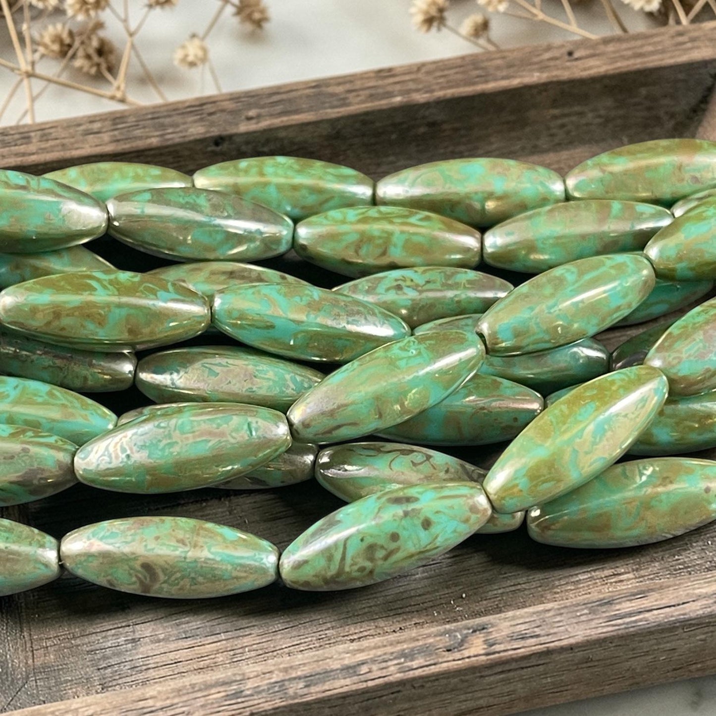 Czech Glass Beads - 19mm Oval, Turquoise Green Travertine Picasso (EO-TT) * 8 Beads