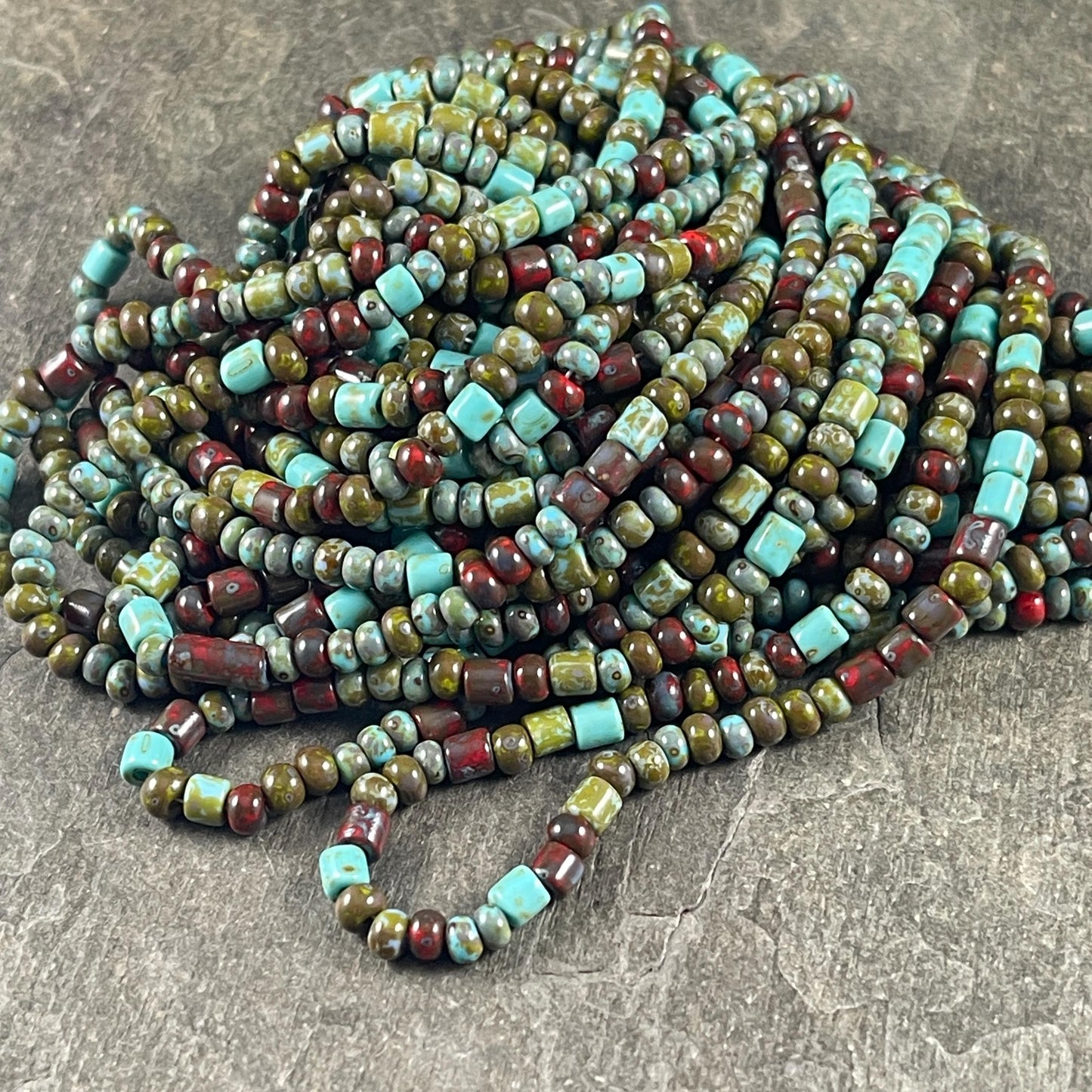 Aged Picasso Beads - 6/0 Czech Glass Mix with Tubes, Olive Green, Turquoise blue and Brick Red Picasso (6/0-DruidBugle) * 20" strand