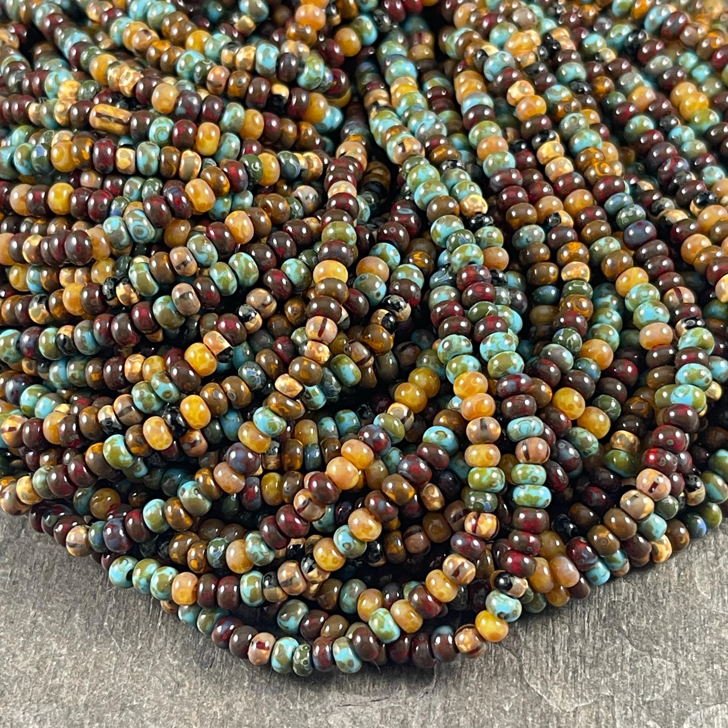 Aged Picasso Seed Beads - 3.5mm Czech Glass, Rustic Earth-tone Mix (7/0-Caribbean) * 20" Strand