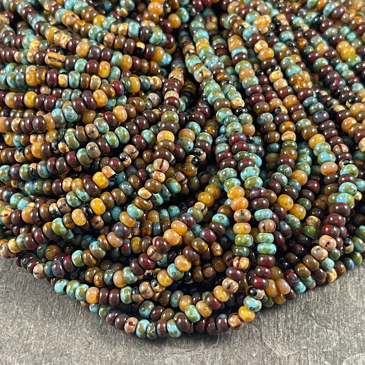 Aged Picasso Seed Beads - 3.5mm Czech Glass, Rustic Earth-tone Mix (7/0-Caribbean) * 20" Strand